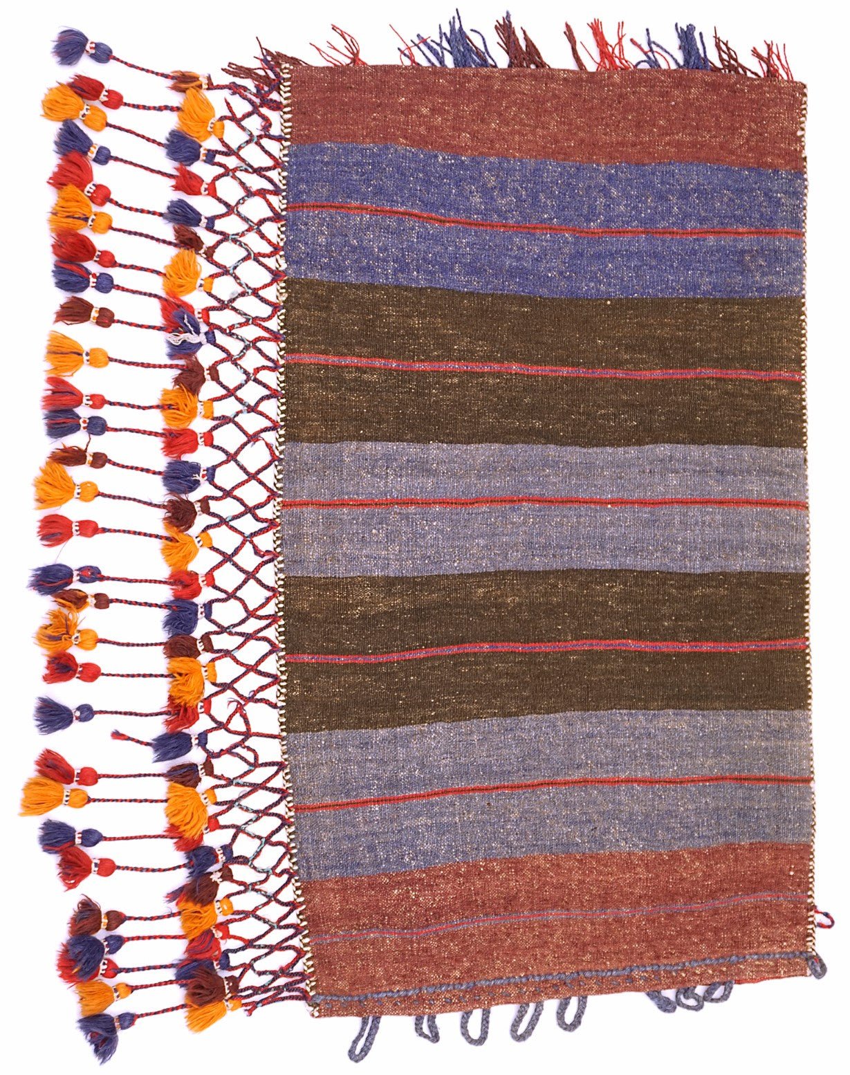 A vintage handmade Afghan wool cushion featuring horizontal stripes and decorative tassel fringe.