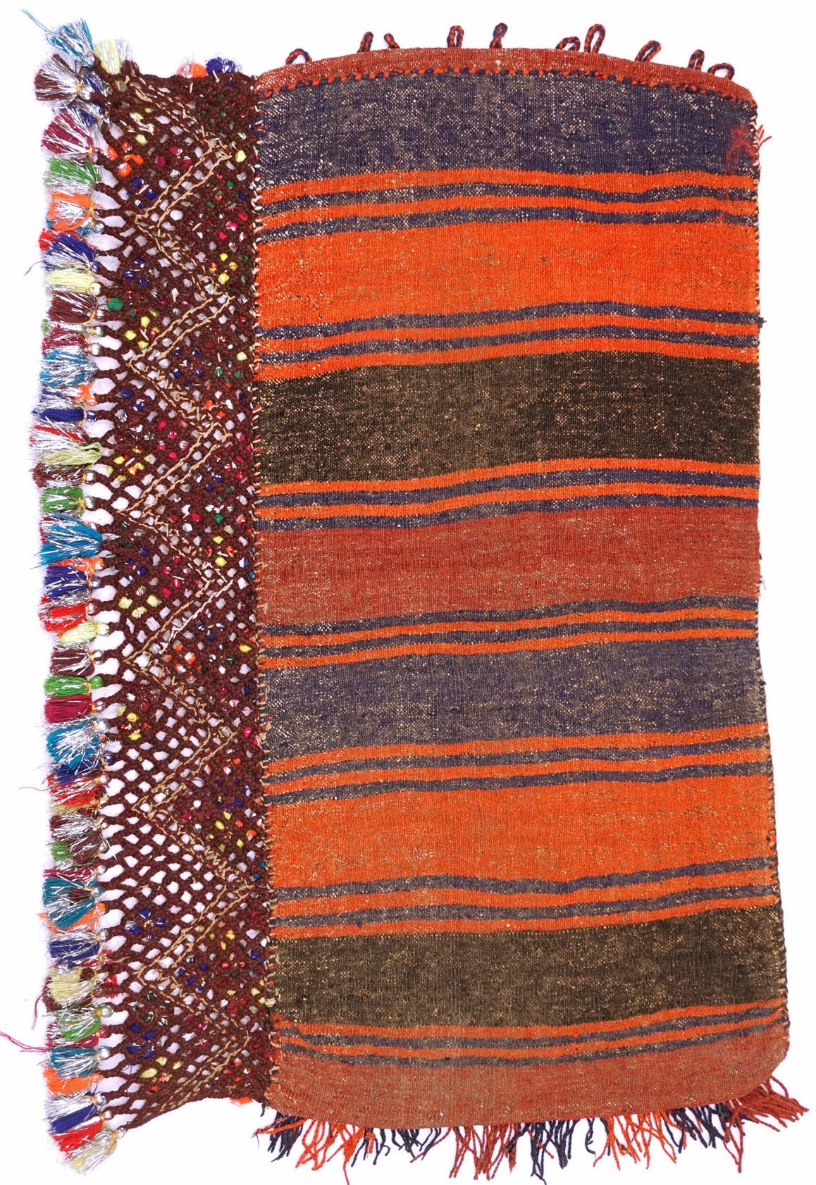 A rectangular vintage Afghan Baluch cushion featuring striped wool fabric and a beaded fringe edge.