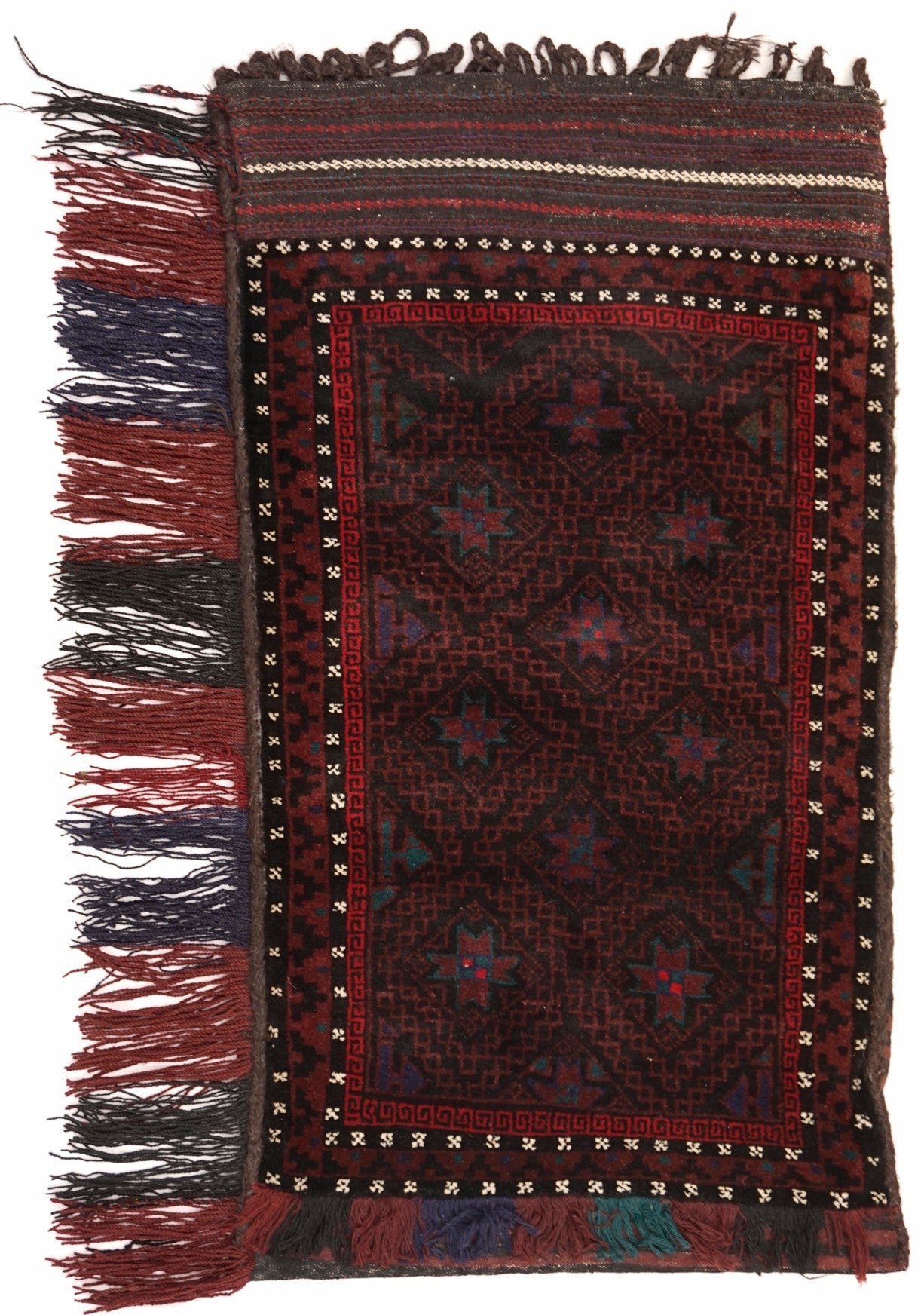 A handmade vintage Afghan Baluch wool cushion featuring a dark red geometric star pattern.