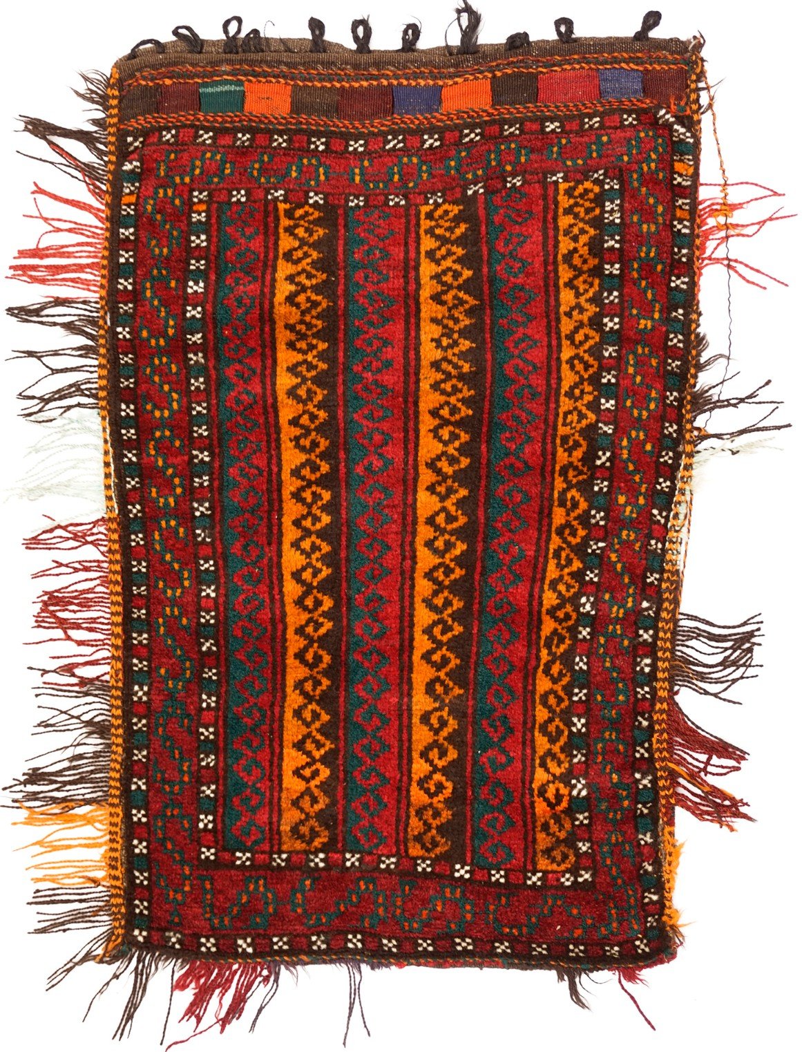A handmade vintage Afghan Baluch wool cushion featuring a striped geometric pattern in warm tones.