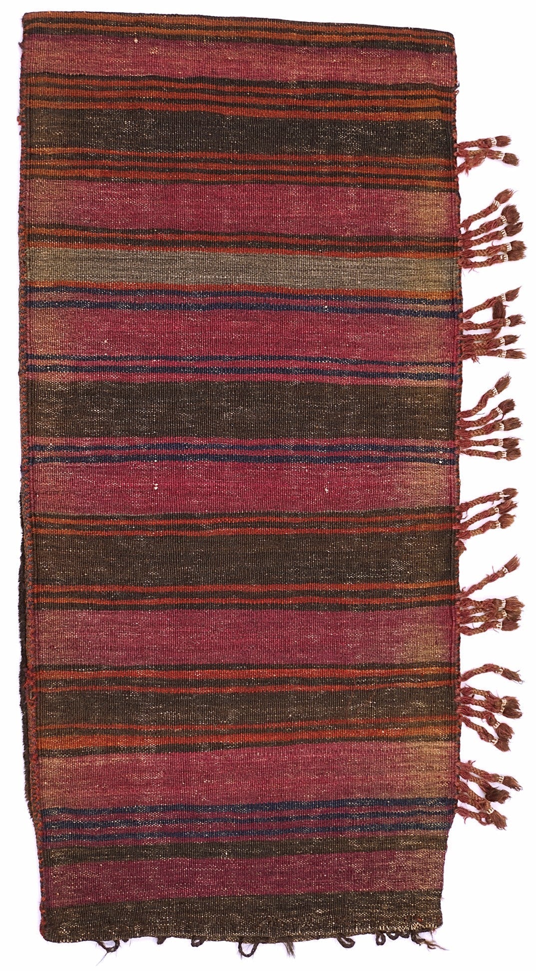 A rectangular vintage Afghan Baluch wool cushion featuring horizontal stripes and side tassels.