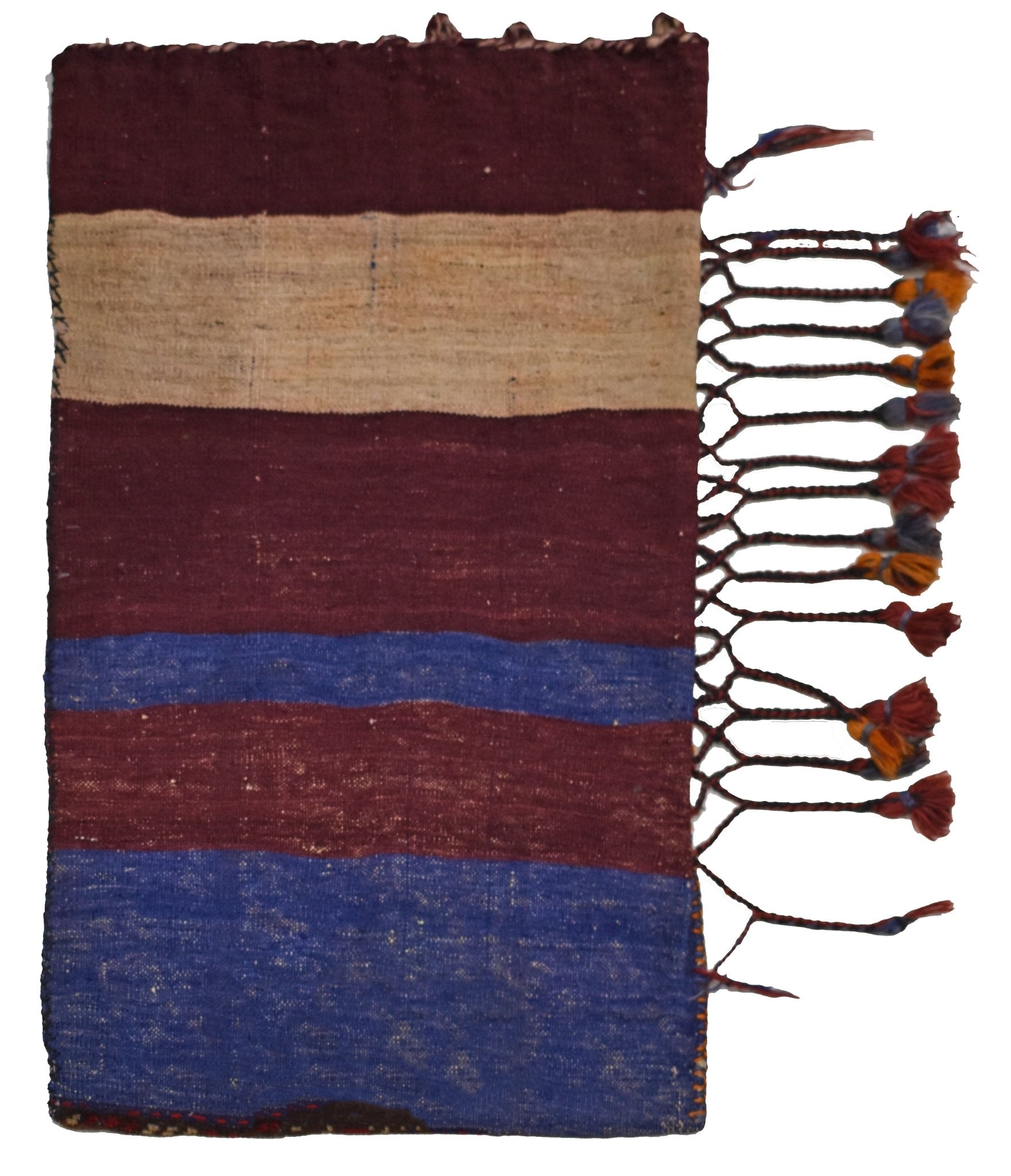 A vintage handmade Afghan wool cushion featuring horizontal stripes in maroon, beige, and blue.