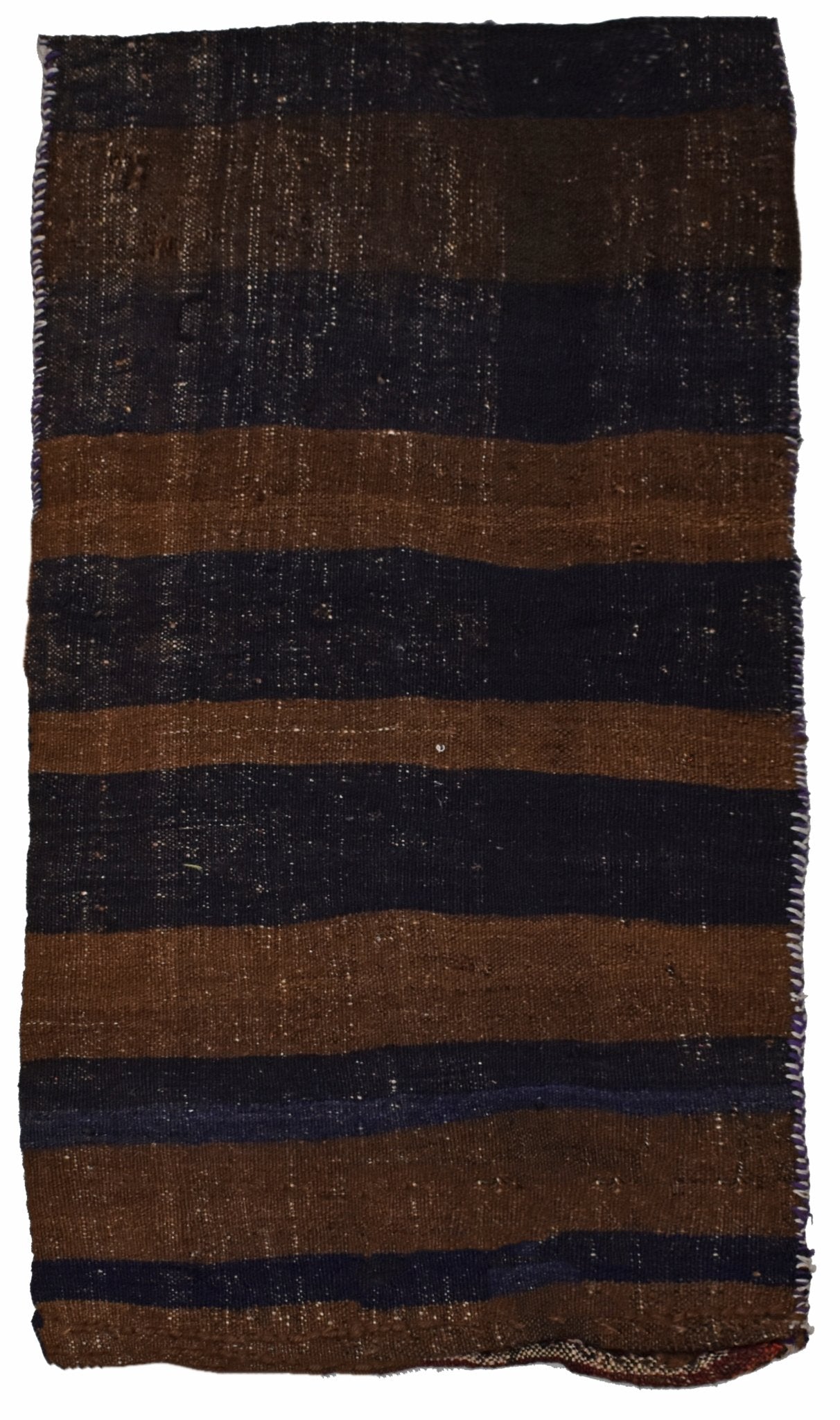 A rectangular vintage Afghan Baluch cushion featuring horizontal stripes in brown and dark blue.