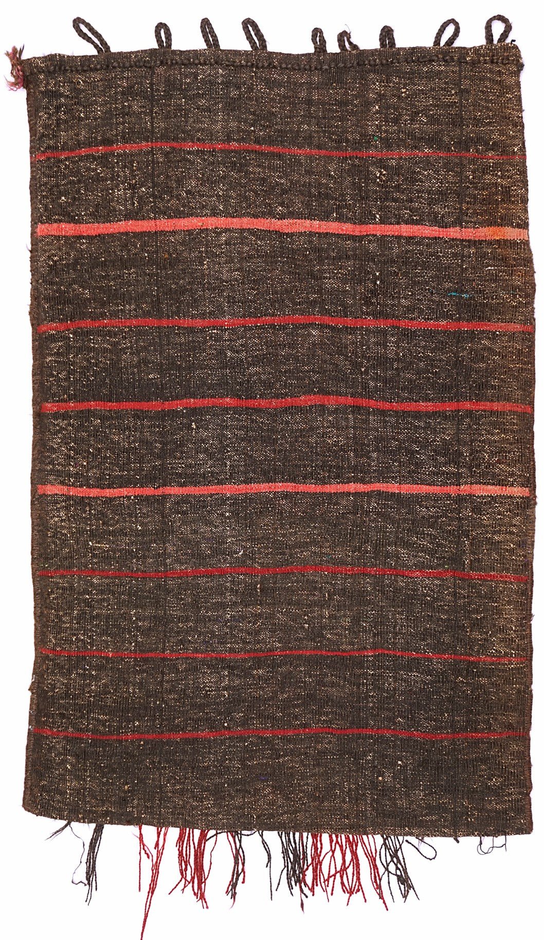 A handmade vintage Afghan wool cushion featuring a dark brown base with horizontal red stripes.