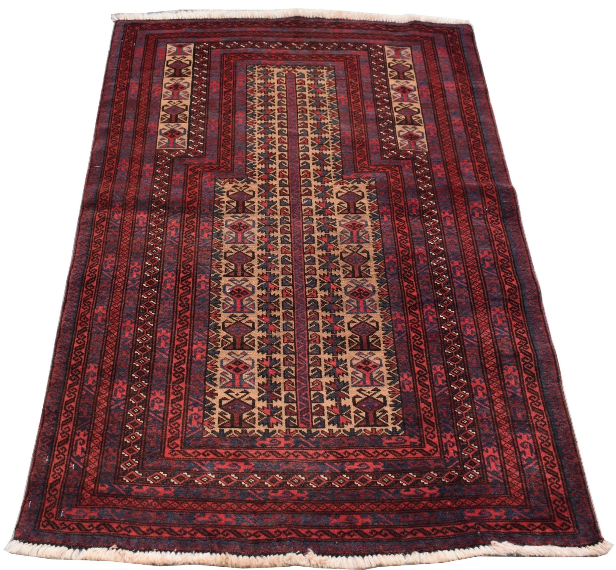 A handmade vintage Afghan Baluch rug featuring a traditional prayer design in red, brown, and blue.