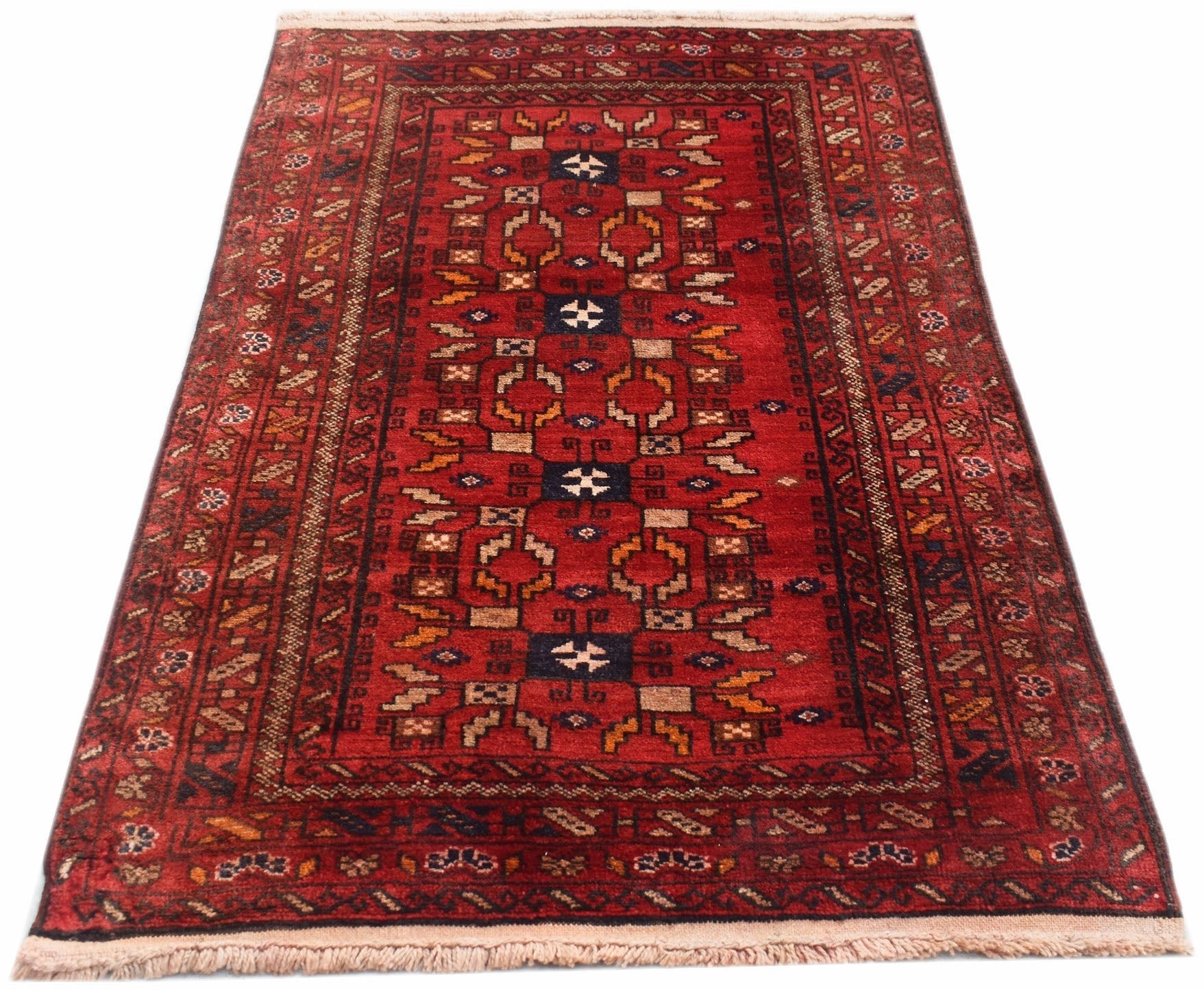 A vintage handwoven Afghan Baluch rug featuring a geometric pattern in deep red tones.