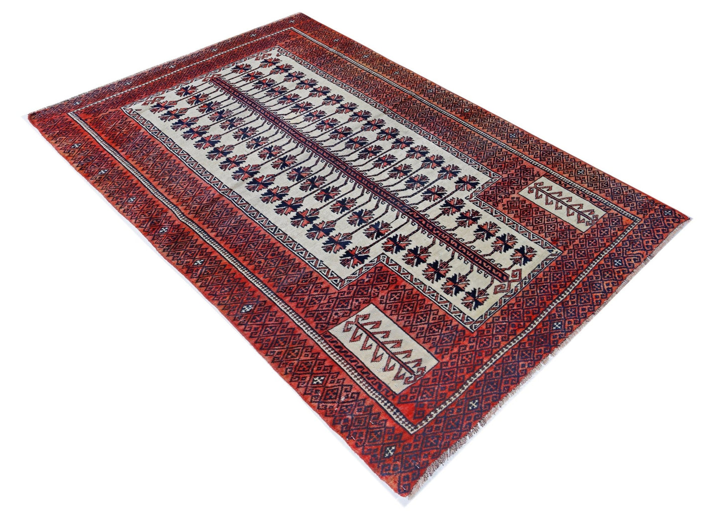 Handmade Vintage Afghan Turkmen Prayer Rug | 160 x 100 cm | 5'3" x 3'3" - Najaf Rugs & Textile