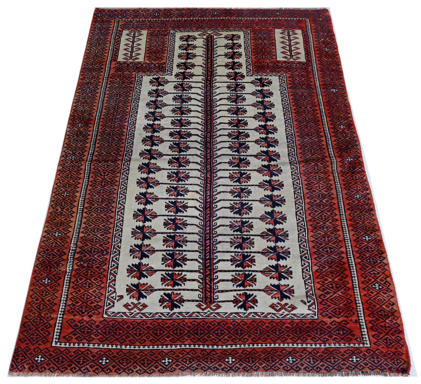 Handmade Vintage Afghan Turkmen Prayer Rug | 160 x 100 cm | 5'3" x 3'3" - Najaf Rugs & Textile