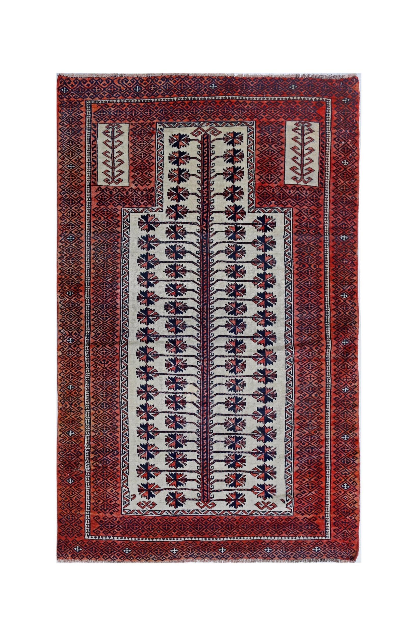 Handmade Vintage Afghan Turkmen Prayer Rug | 160 x 100 cm | 5'3" x 3'3" - Najaf Rugs & Textile