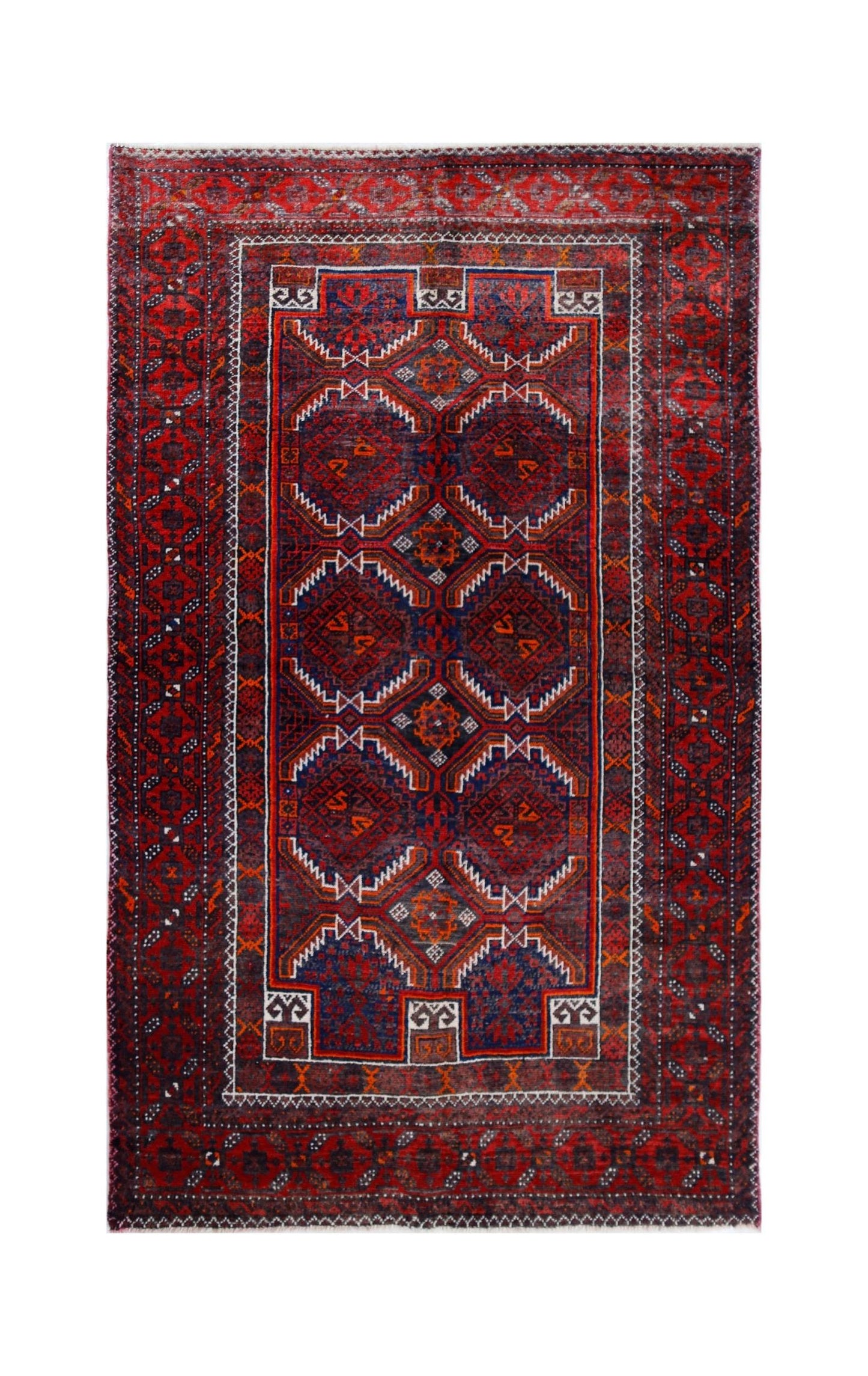 A handmade vintage Afghan Baluch rug featuring geometric patterns in deep red and blue tones.