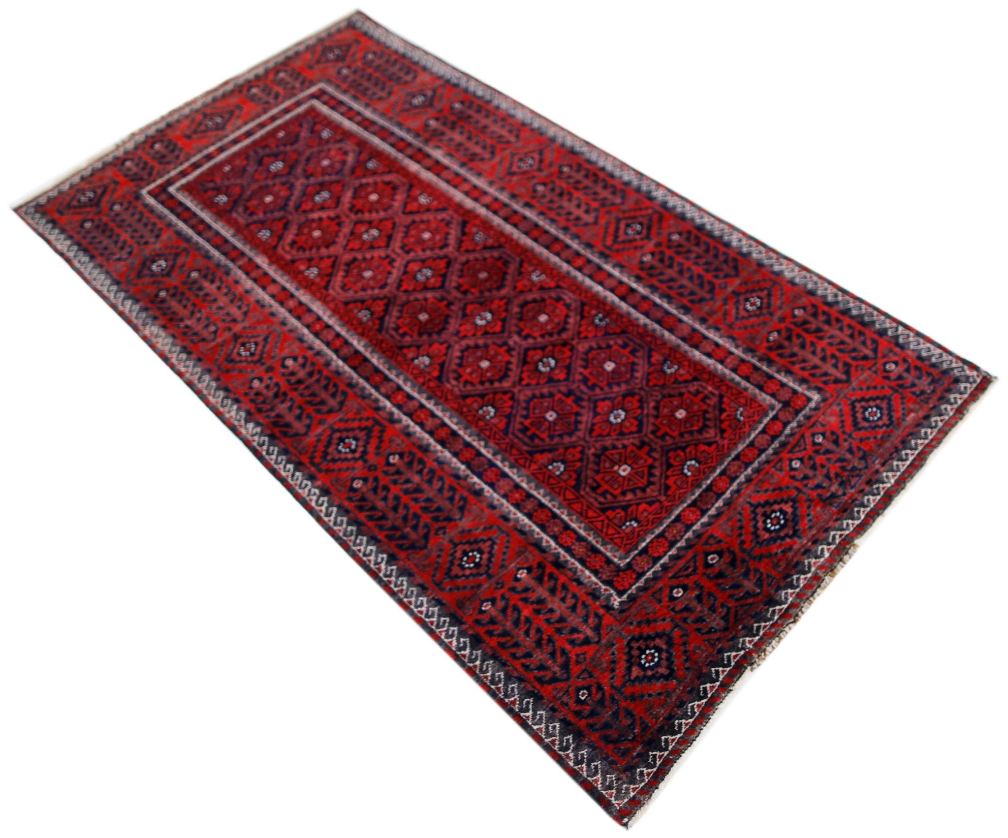 A vintage handmade Afghan Baluch rug featuring a repeating geometric pattern in deep red and blue.