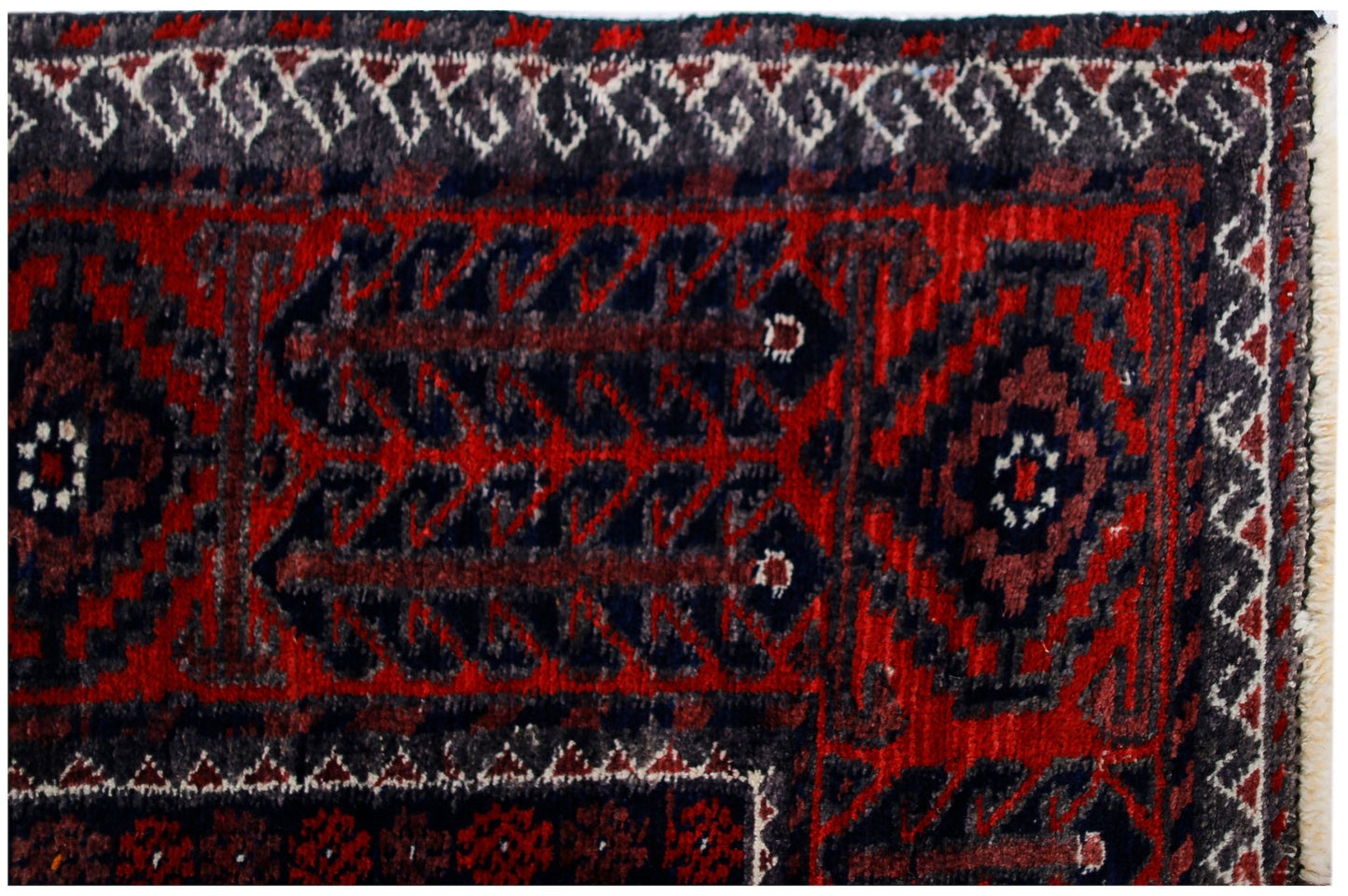 A vintage Afghan Baluch rug featuring traditional geometric patterns in red, black, and white.