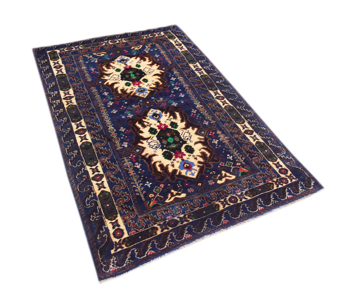 A rectangular vintage Afghan Baluch rug featuring geometric medallions on a deep blue field.