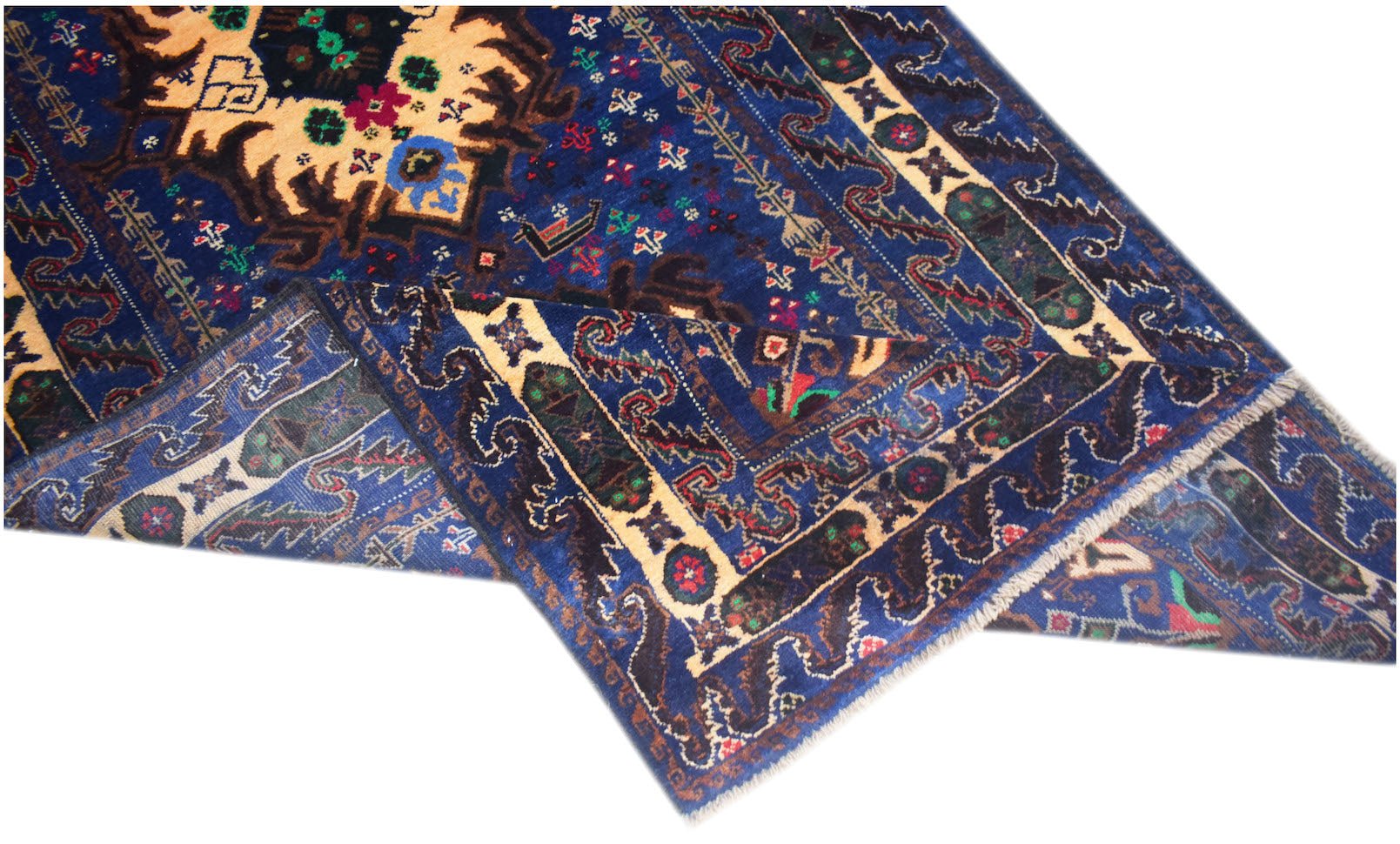 A vintage handmade Afghan Baluch rug featuring a deep blue field with intricate geometric patterns.