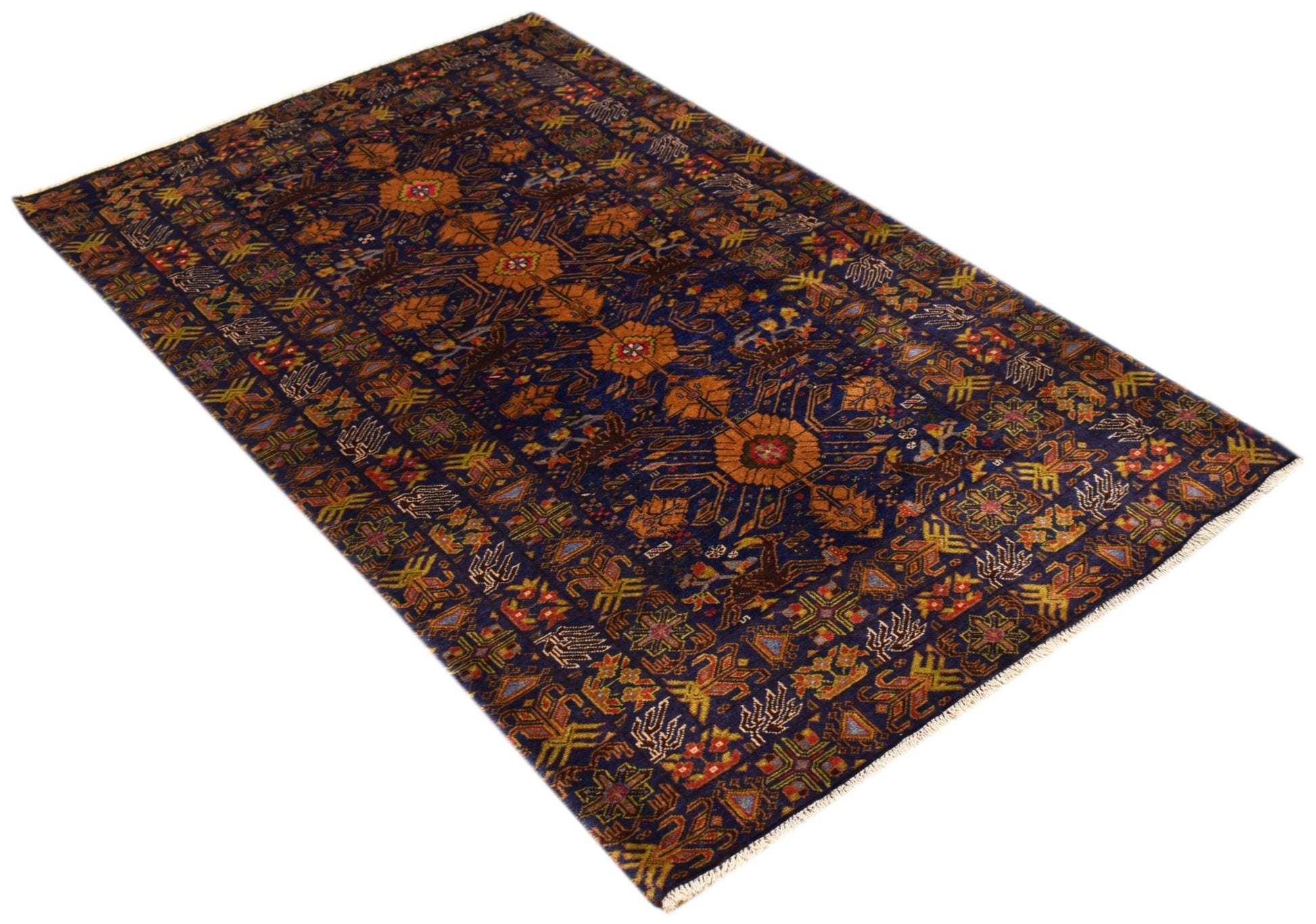 A vintage handmade Afghan Baluch rug featuring intricate geometric patterns in deep blue and orange.