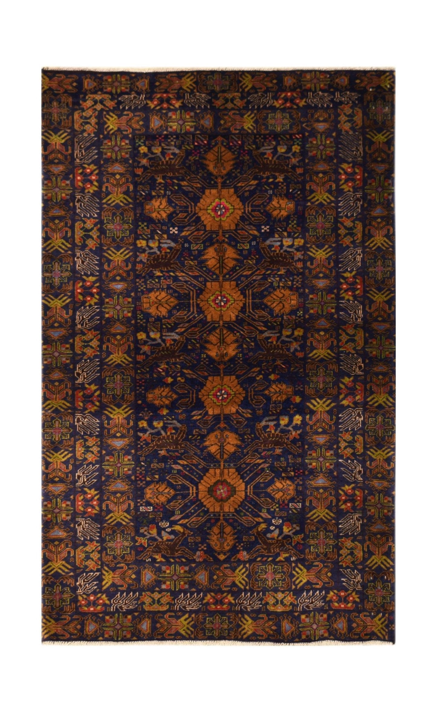A vintage handmade Afghan Baluch rug featuring intricate geometric patterns in deep blue and orange.