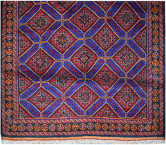 A vintage Afghan Baluch wool rug featuring a repeating diamond pattern in red and blue.