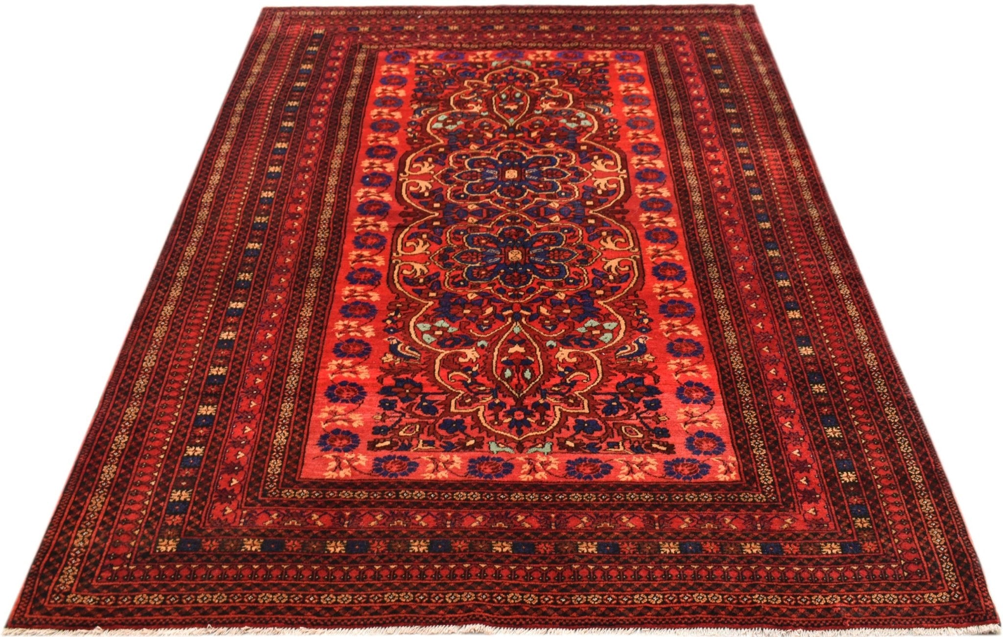 A handwoven vintage Afghan Baluch rug featuring a traditional red floral pattern.