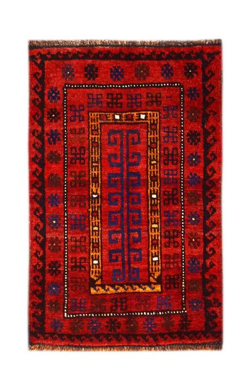 A vintage handmade Afghan Baluch wool rug featuring a red field with geometric tribal patterns.