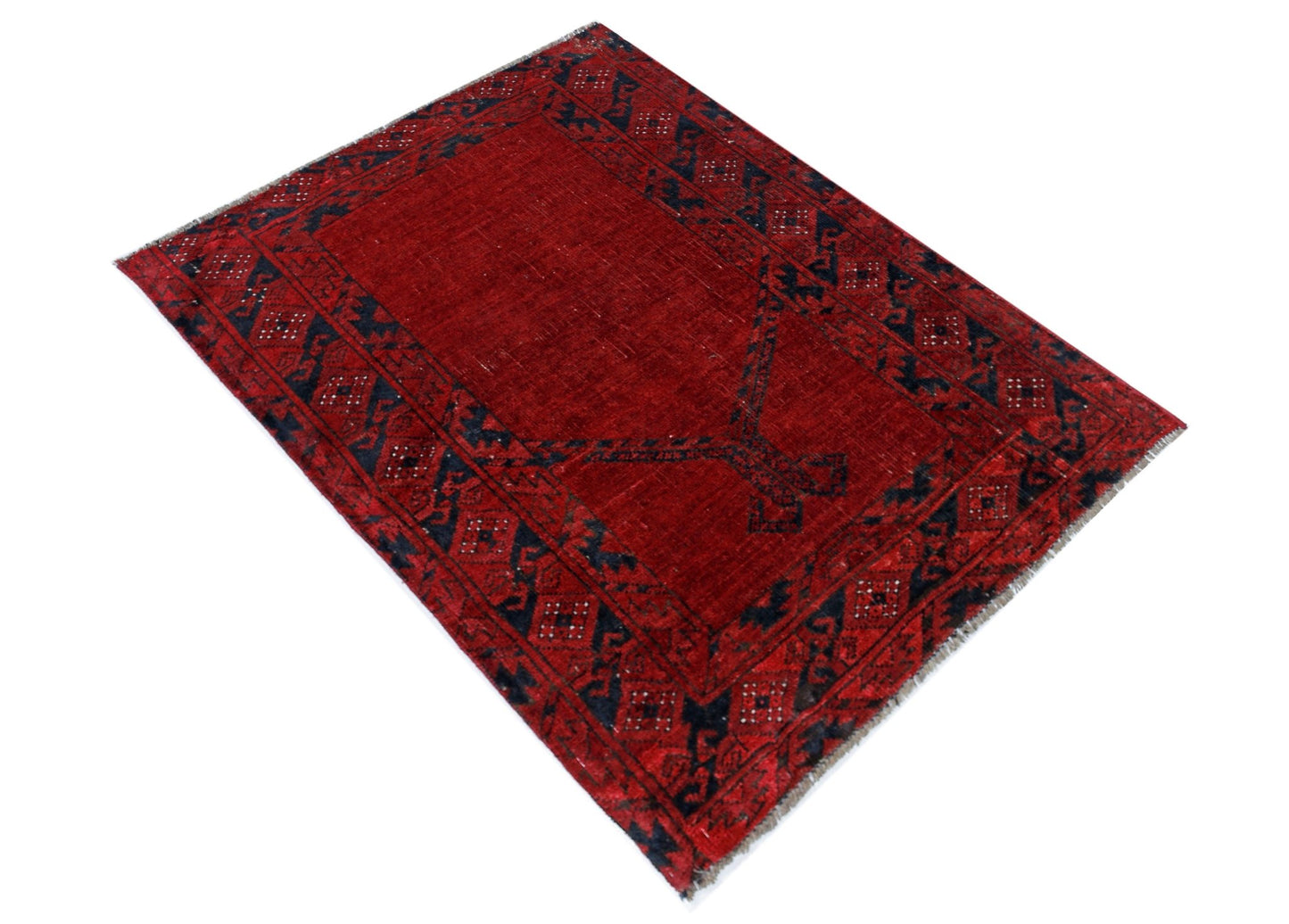 Handmade Vintage Afghan Turkmen Prayer Rug | 99 x 78 cm | 3'3" x 2'7" - Najaf Rugs & Textile