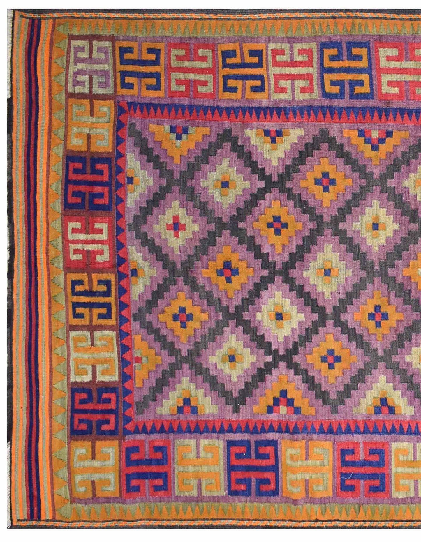 A vintage Afghan Maimana kilim featuring a purple diamond pattern and a geometric border.