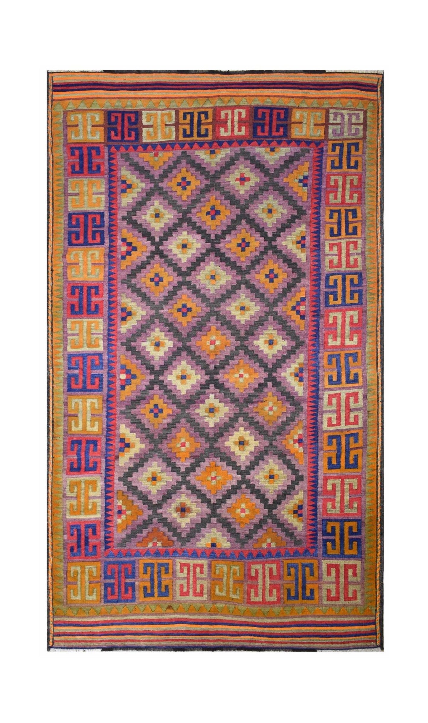A vintage Afghan Maimana kilim featuring a geometric diamond pattern in vibrant, multicolored wool.