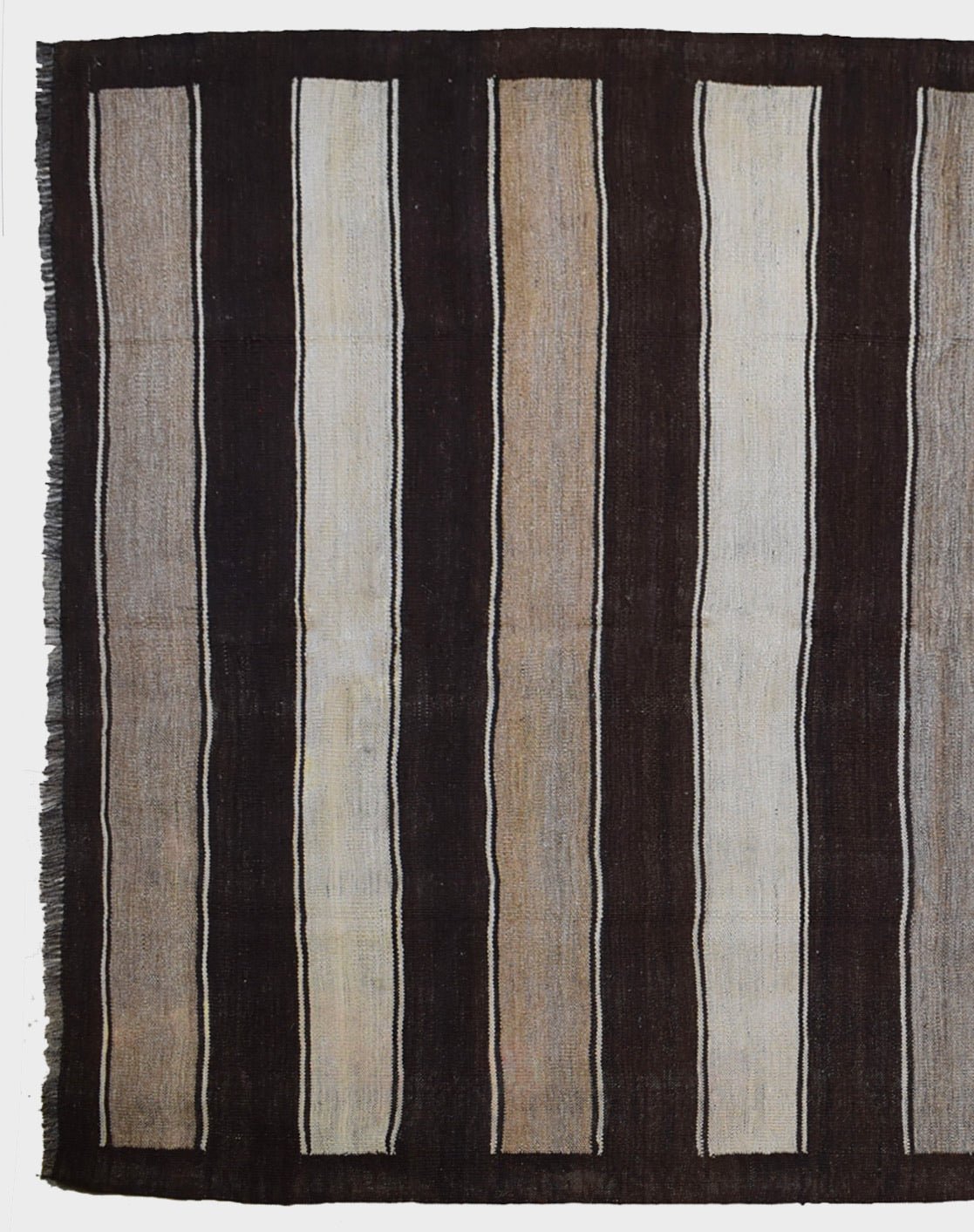 Handmade vintage Afghan Hazara kilim rug featuring vertical stripes in brown, beige, and cream.
