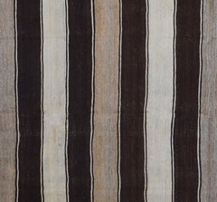 Handmade Afghan Hazara kilim rug featuring a repeating pattern of vertical brown and beige stripes.