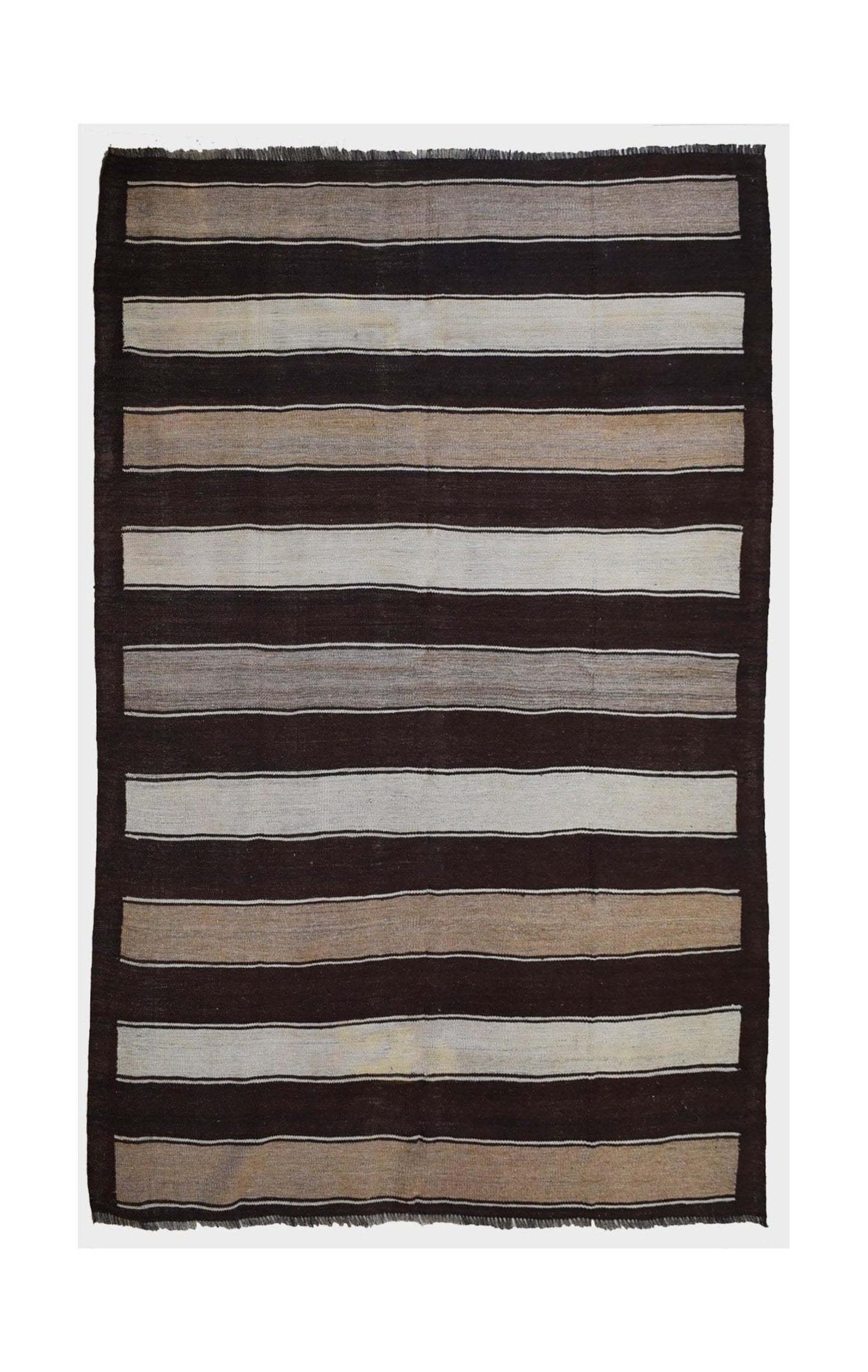 Handmade vintage Afghan Hazara kilim rug featuring horizontal stripes in brown and beige tones.