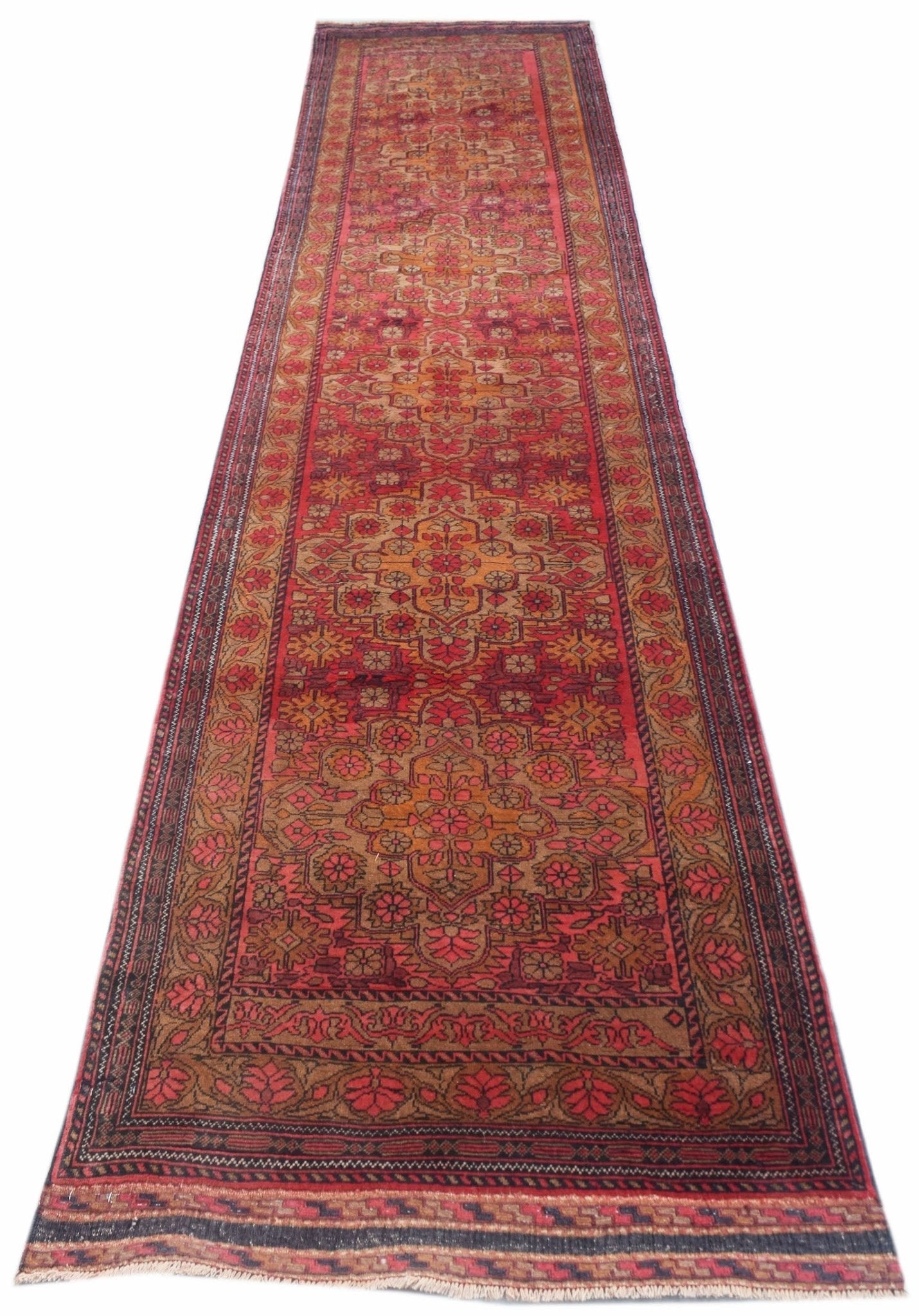 A hand-knotted vintage Afghan runner featuring a traditional red and brown Herati pattern.