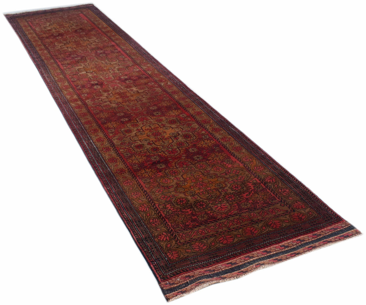 A vintage Afghan runner rug featuring a traditional red and brown Herati floral pattern.