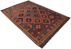 A handmade Afghan Maimana kilim rug featuring a geometric diamond pattern in warm earth tones.