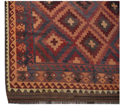 Handwoven Afghan Maimana kilim rug featuring a geometric diamond pattern in warm earth tones.