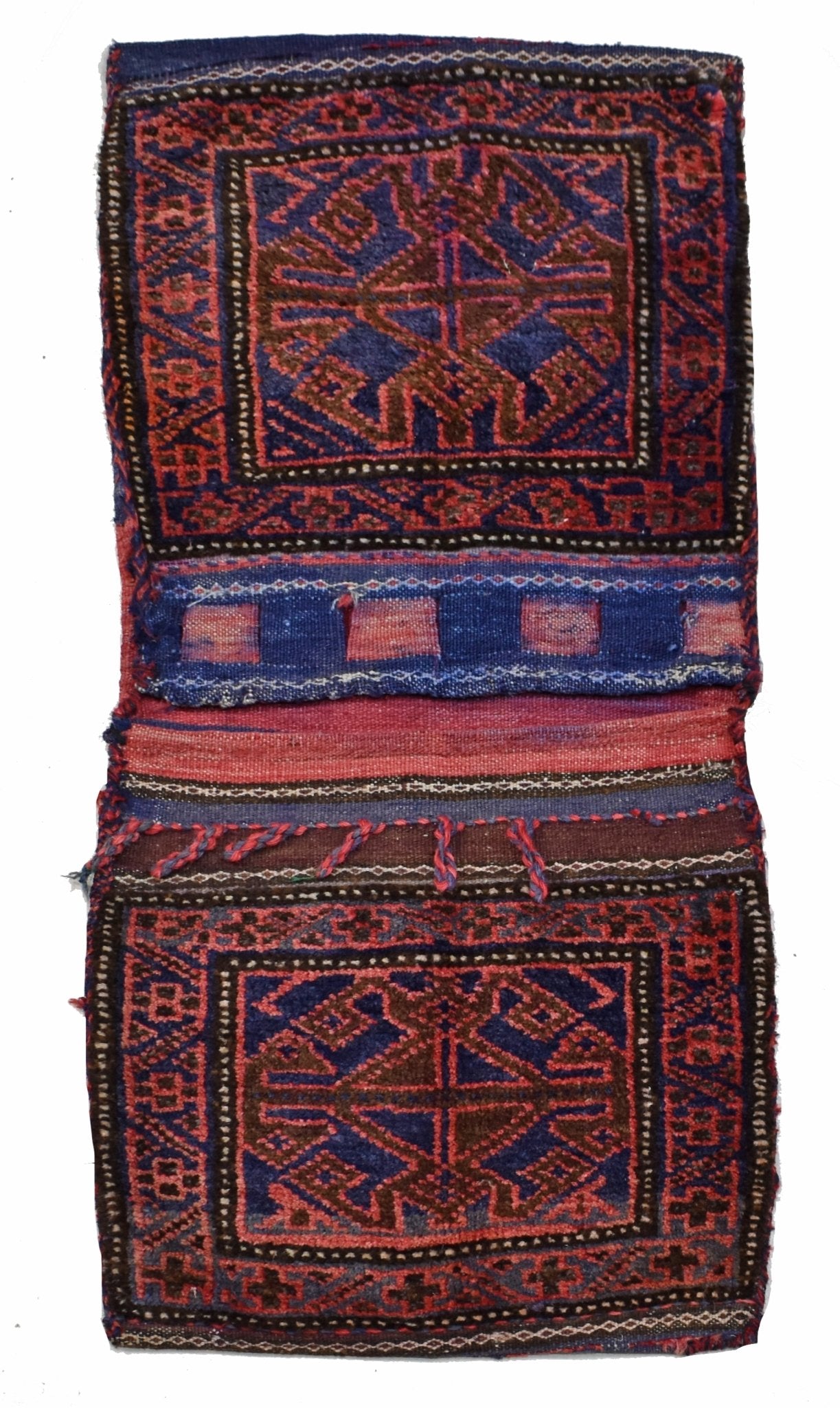 A vintage handmade Afghan wool saddle bag featuring two matching panels with geometric patterns.