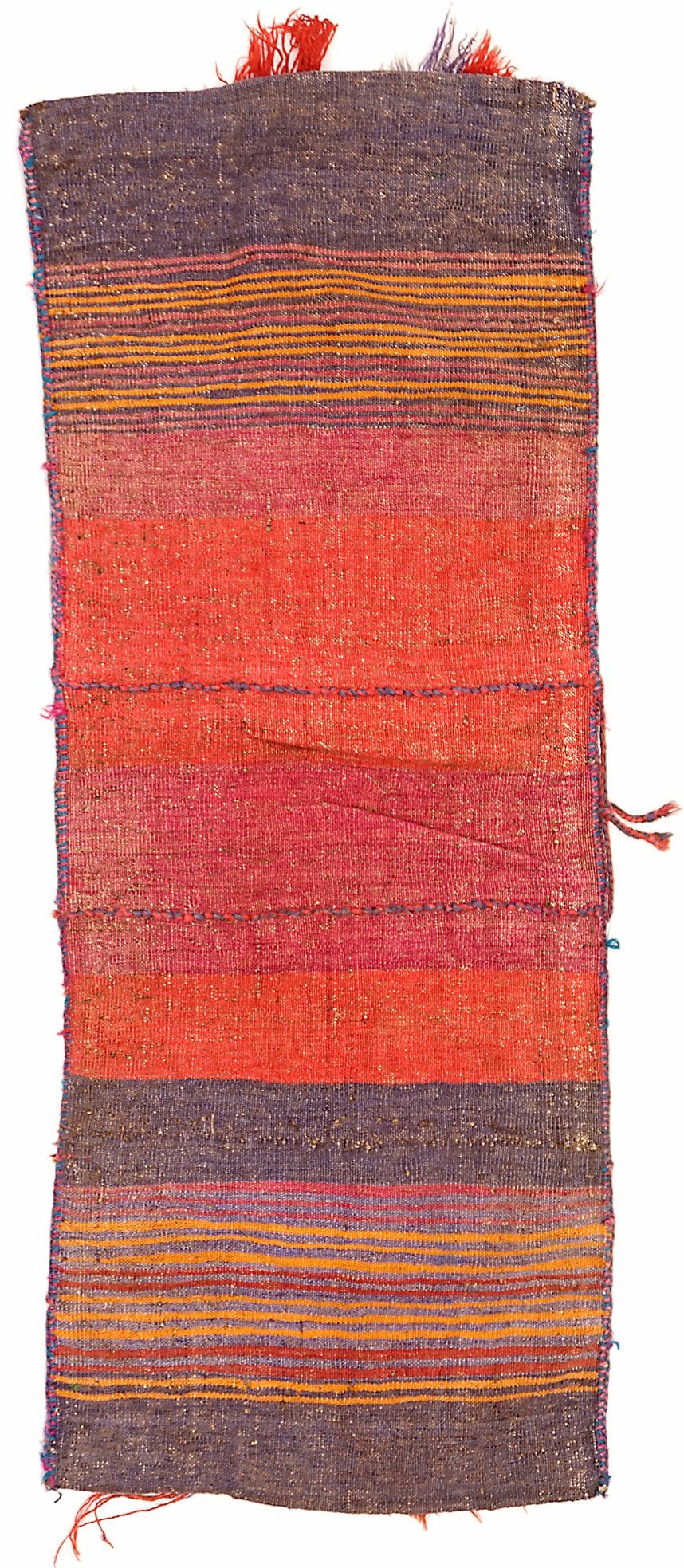 A handmade vintage Afghan wool saddle bag featuring horizontal stripes in red, orange, and purple.