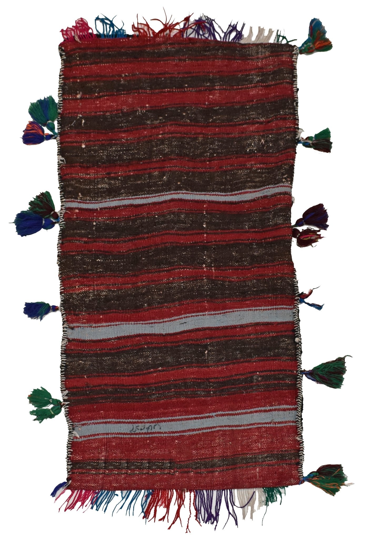 A vintage handmade Afghan wool saddle bag featuring horizontal red, brown, and blue stripes.