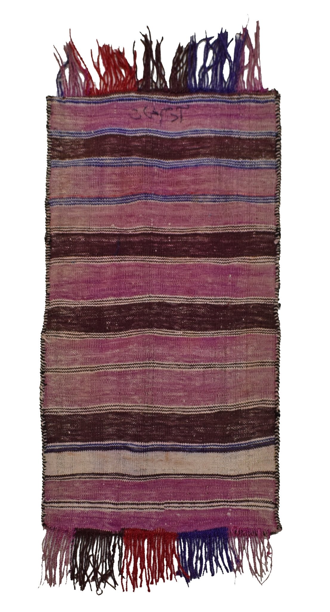 A vintage handmade Afghan wool saddle bag featuring horizontal stripes in shades of purple and brown.