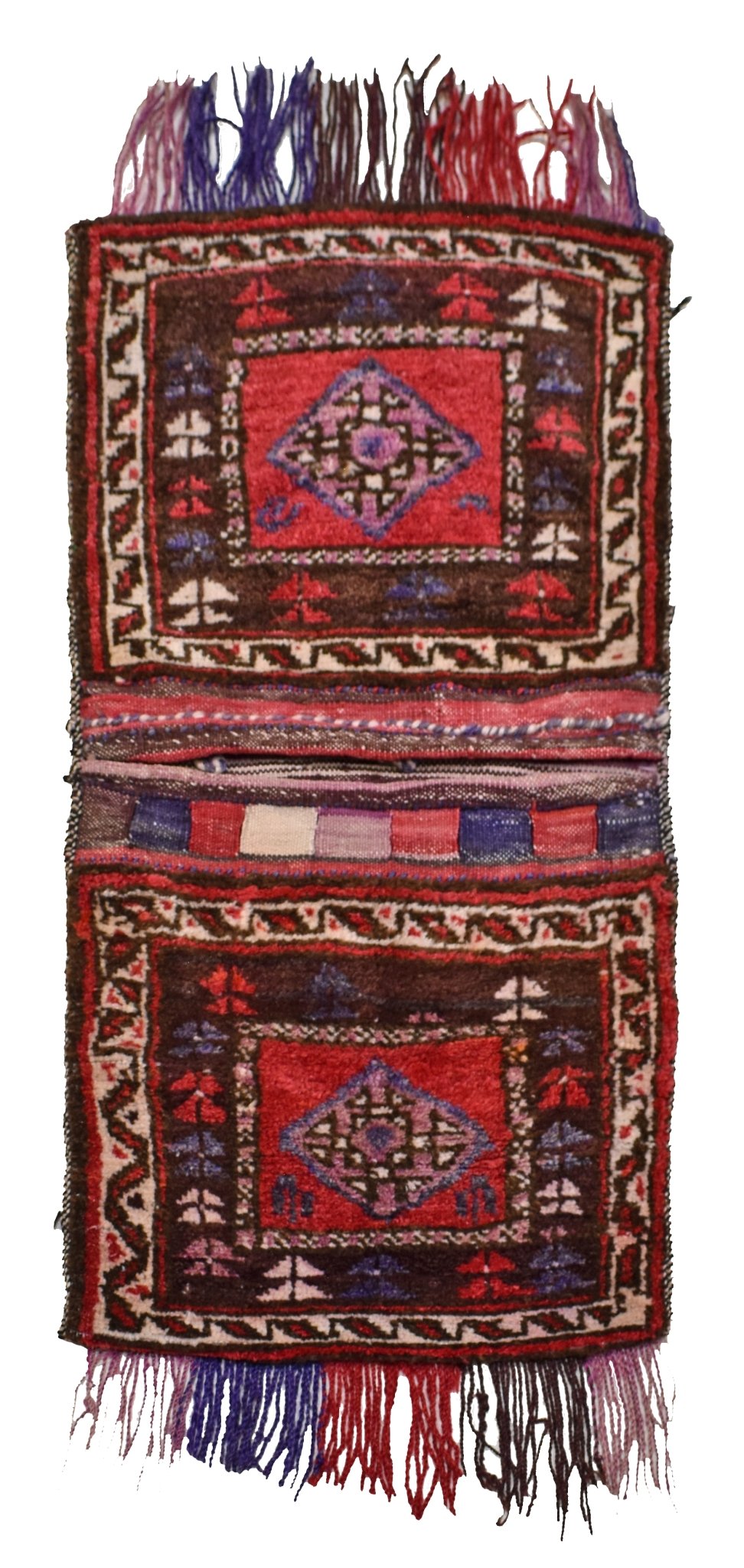 A vintage handmade Afghan wool saddle bag featuring two rectangular panels with geometric motifs.