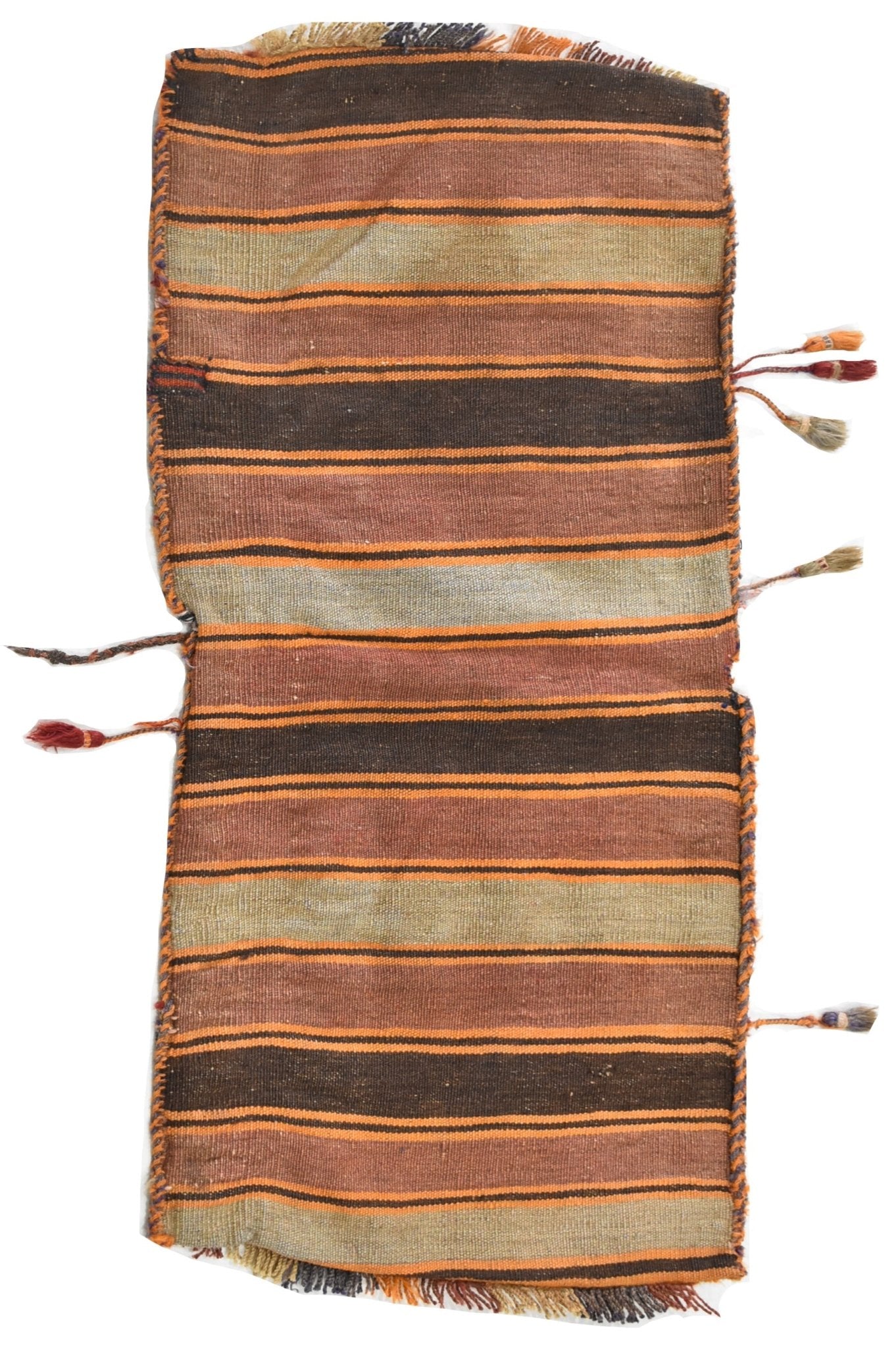 A handmade vintage Afghan wool saddle bag featuring horizontal stripes in earthy tones.