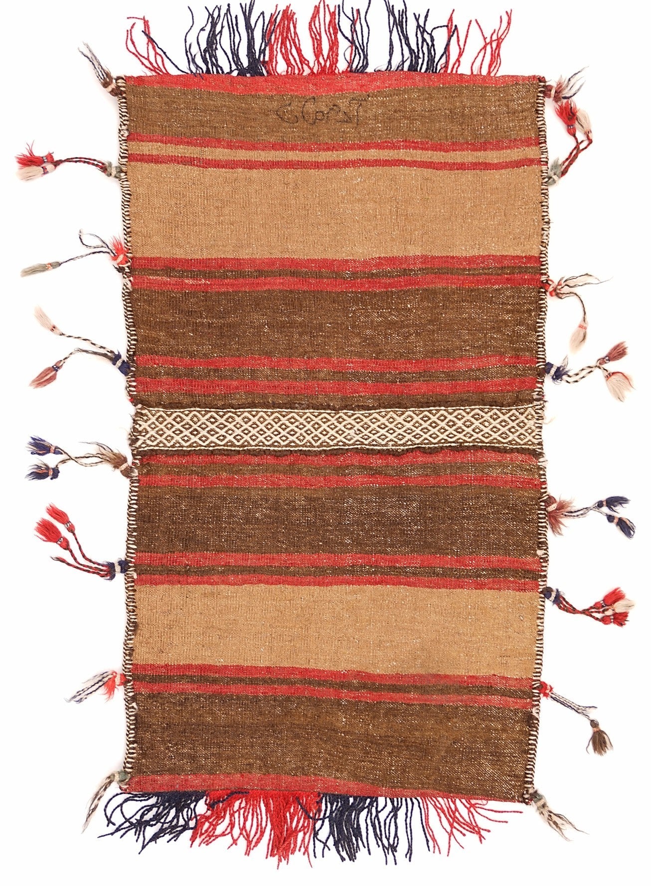 A handmade vintage Afghan wool saddle bag featuring striped patterns and decorative side tassels.