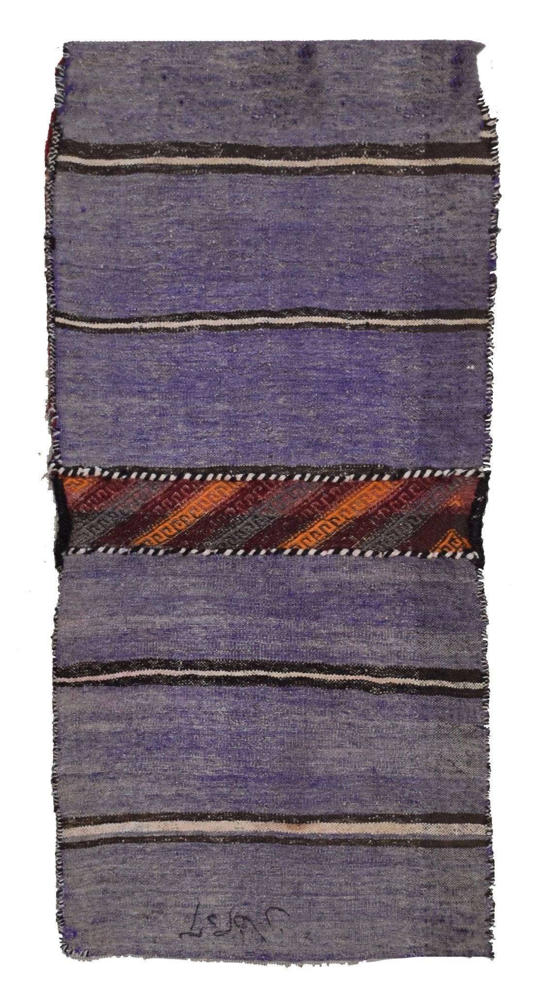A handmade vintage Afghan wool saddle bag featuring purple stripes and a decorative woven band.