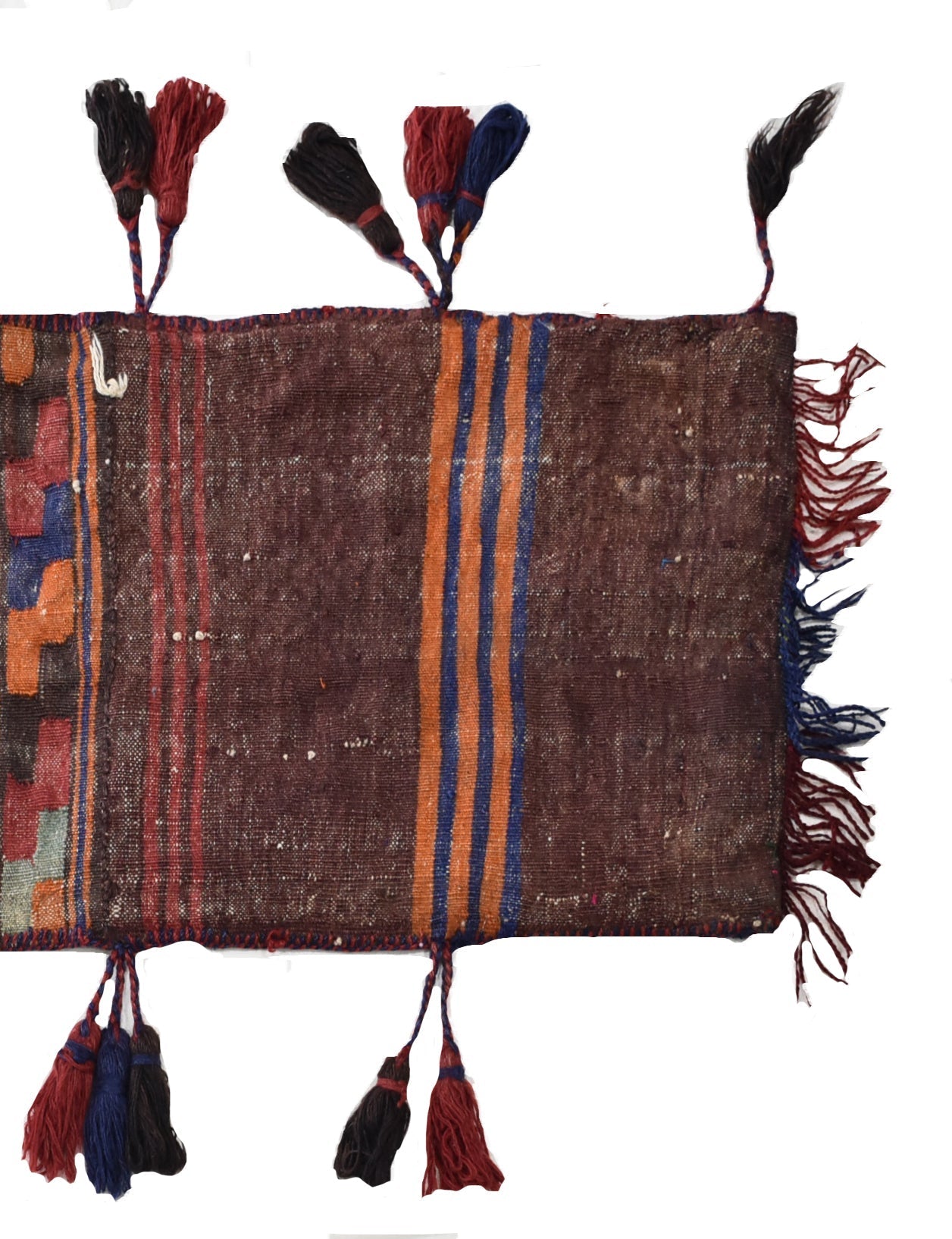 A vintage handmade Afghan wool saddle bag featuring brown fabric with colorful striped accents.