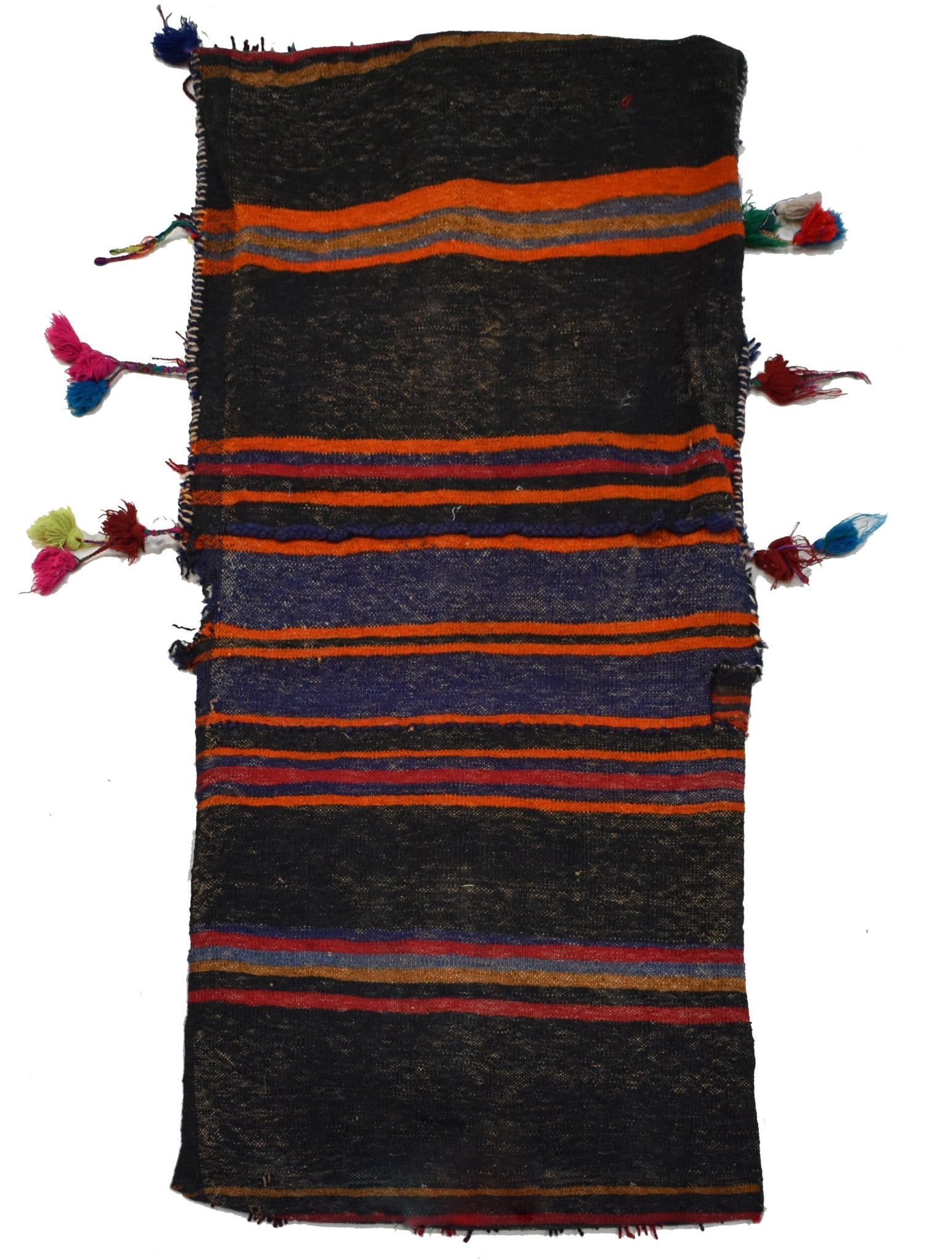 A vintage handmade Afghan wool saddle bag featuring black, orange, and blue striped patterns.