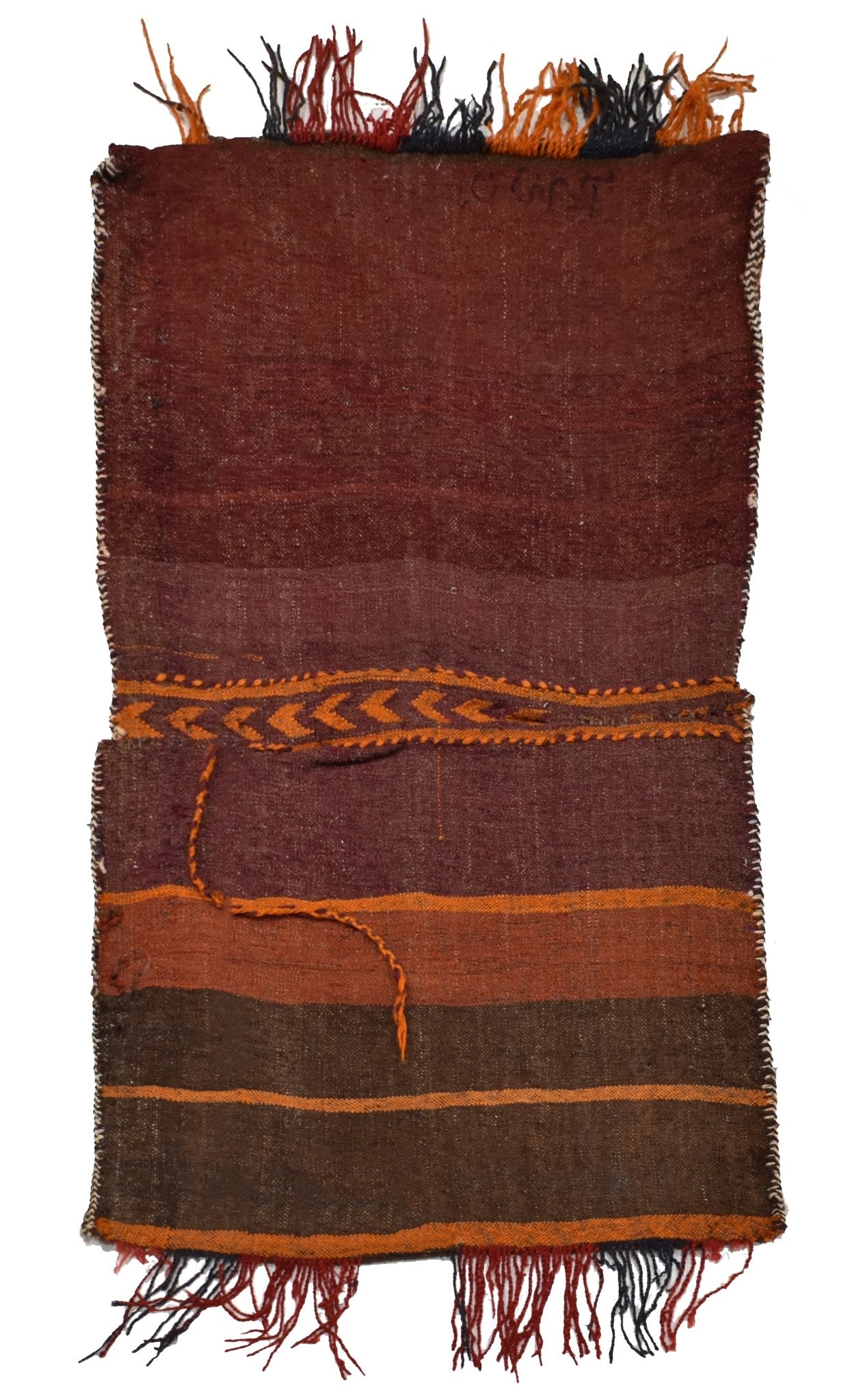 A vintage handmade Afghan wool saddle bag featuring horizontal stripes and a geometric border.