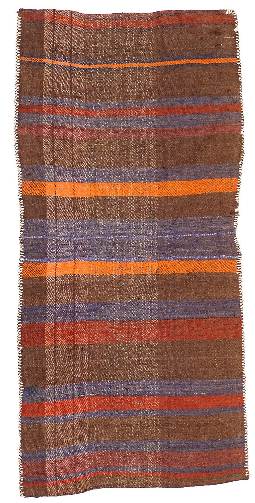 A handmade vintage Afghan wool saddle bag featuring horizontal stripes in brown, orange, and blue.