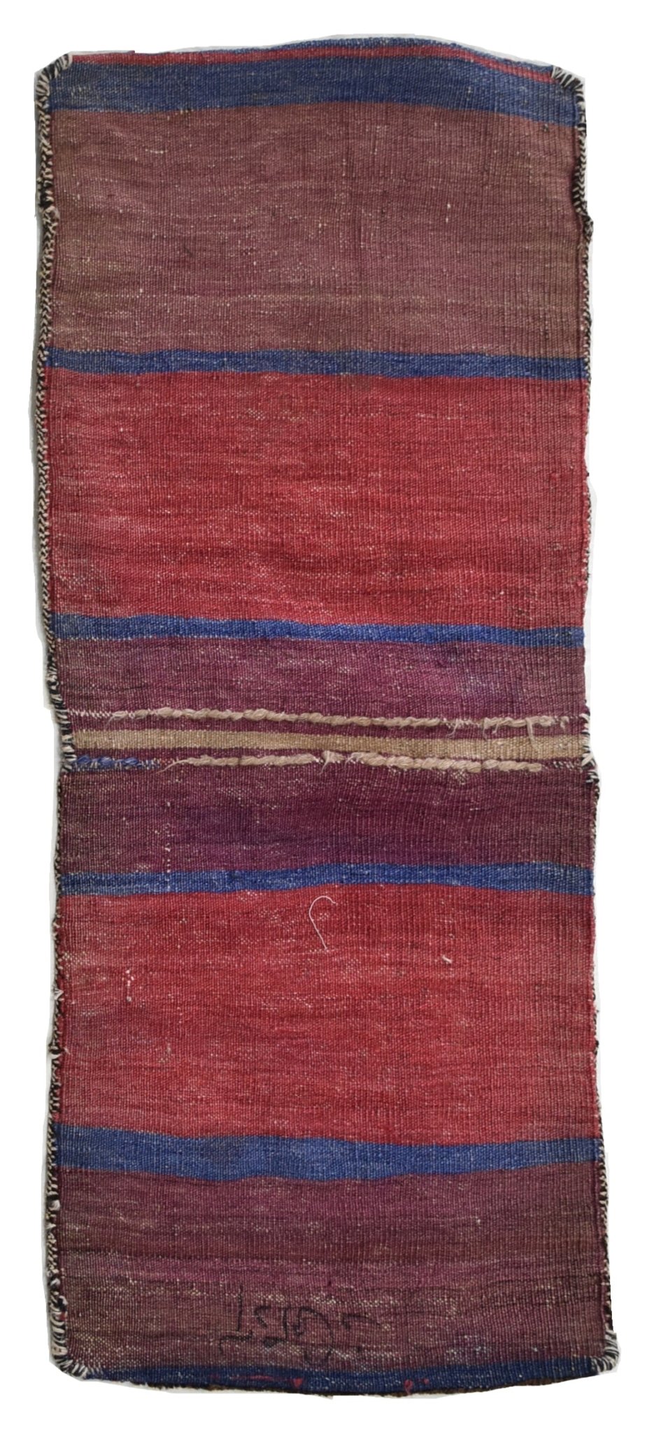 A handmade vintage Afghan wool saddle bag featuring horizontal stripes in red, purple, and blue.