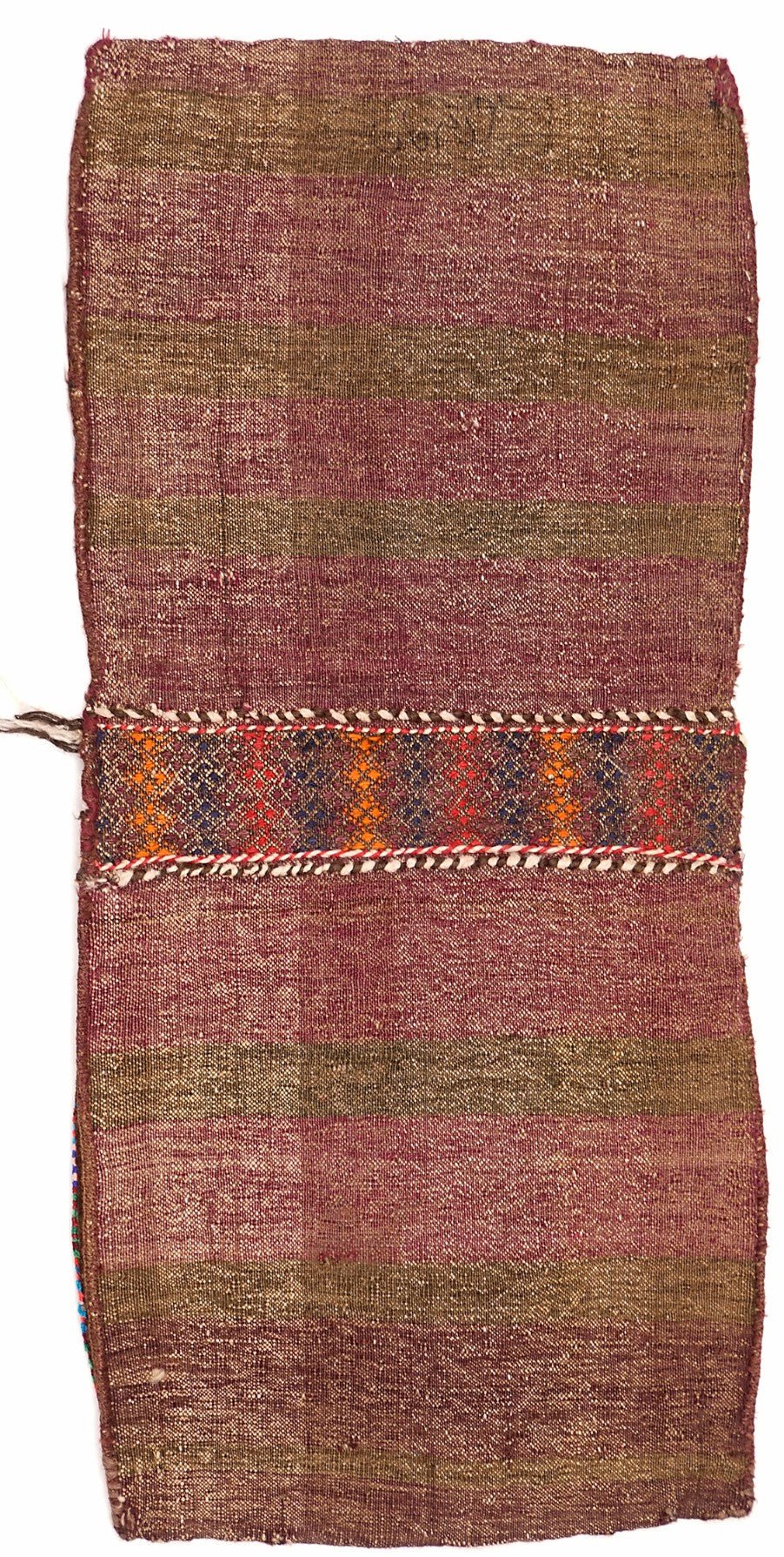A vintage handmade Afghan wool saddle bag featuring striped patterns and a central woven band.