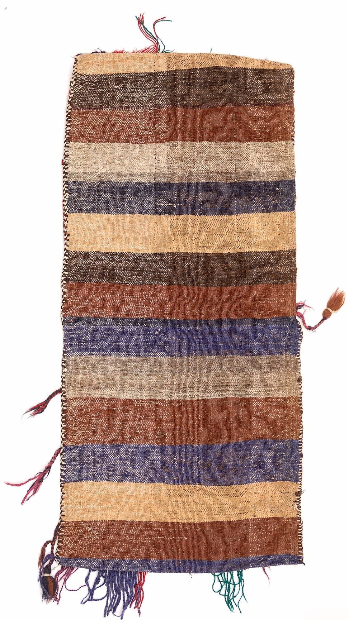 A handmade vintage Afghan wool saddle bag featuring horizontal stripes in earthy tones.