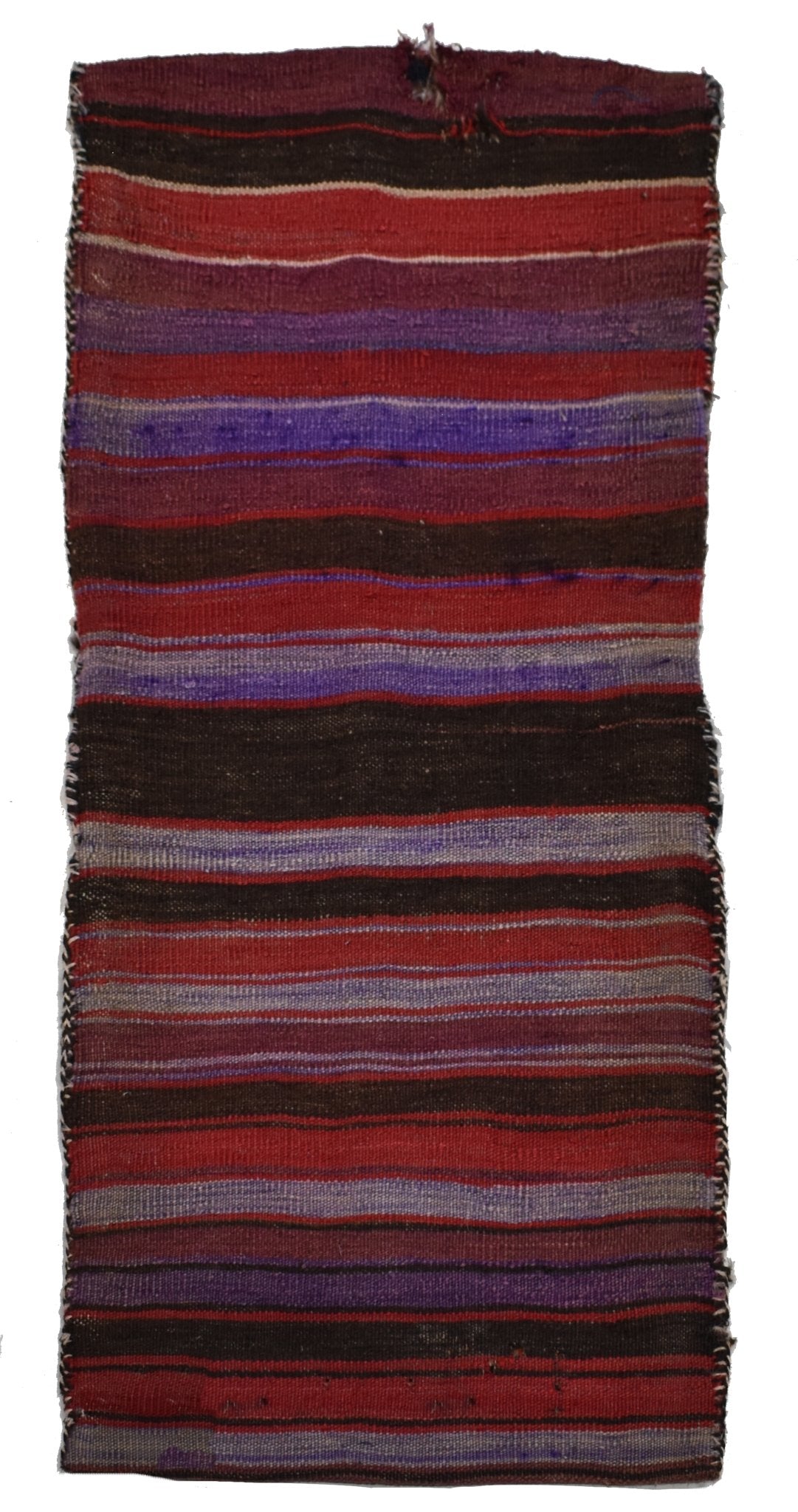A vintage handmade Afghan wool saddle bag featuring horizontal stripes in red, purple, and brown.
