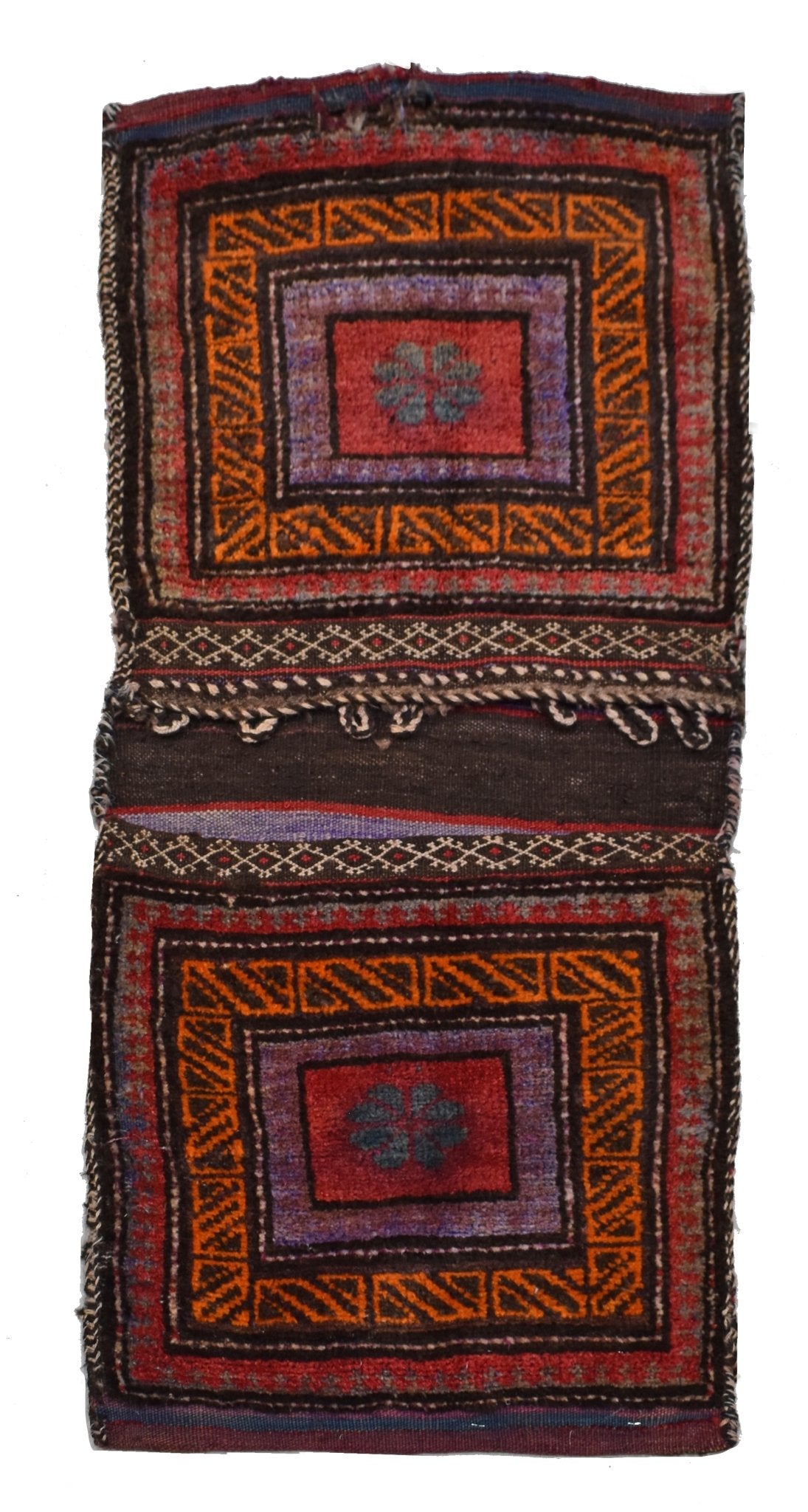 A vintage handmade Afghan wool saddle bag featuring two square panels with geometric patterns.
